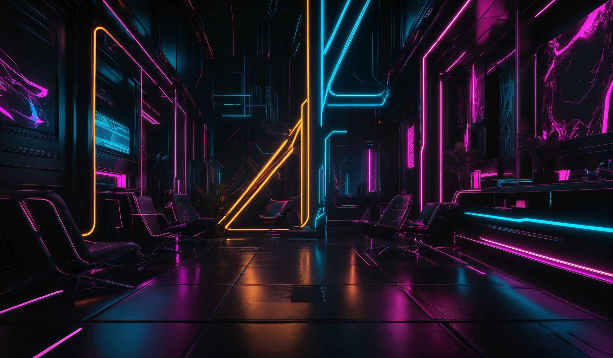 The image showcases a futuristic room with neon lights. The dominant colors are shades of pink, blue, and yellow. The room features sharp, angular designs with neo-gothic influences. There are several neon strips that illuminate the room, with one prominent vertical strip in the center. On the left, there's a large, abstract painting with swirling patterns in pink and blue. The floor has a reflective surface, mirroring the neon glow and the room's design. There's also a small table with a vase containing flowers on the right side.