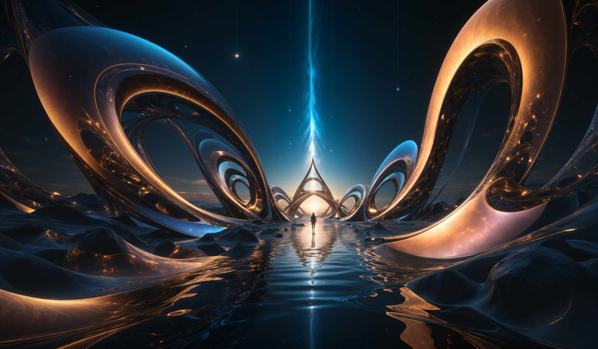 The image showcases a surreal and futuristic landscape. Dominating the scene are large, curved structures made of a reflective material, possibly metal or glass, that gleam in hues of gold and blue. These structures are intertwined and form a kind of archway or gateway. In the center, there's a bright, vertical beam of light that pierces the night sky, emanating a radiant blue glow. The ground is covered in what appears to be a liquid or wet substance, reflecting the structures and the light. The horizon reveals a silhouette of a mountain range, and the sky is dotted with stars.