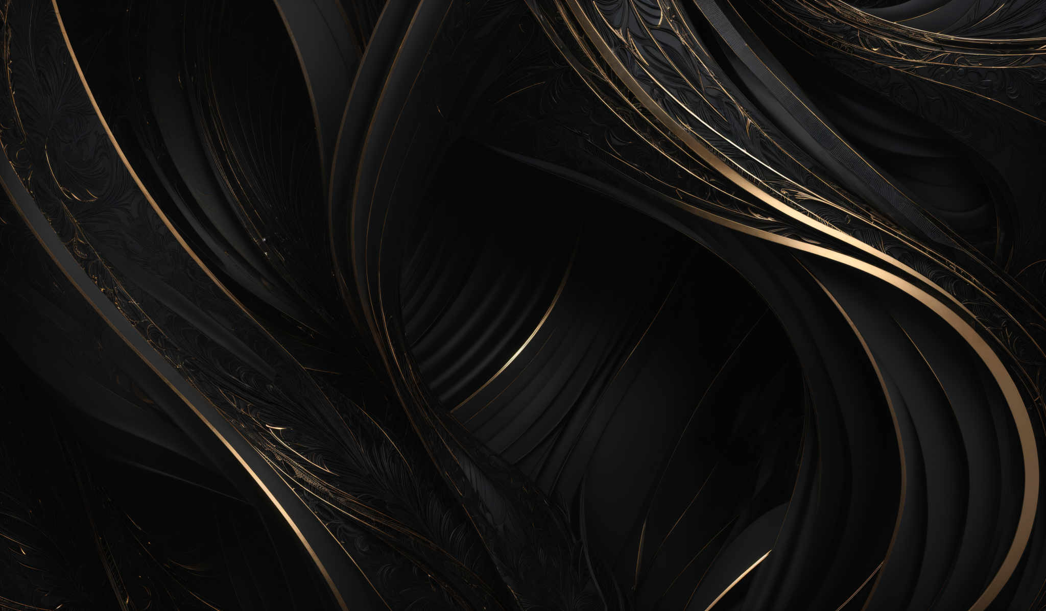 The image showcases a dark, almost black background with intricate swirling patterns. These patterns are accentuated with gold or bronze-colored lines and embellishments, creating a sense of depth and movement. The shapes are fluid and organic, reminiscent of flowing fabric or waves, and the gold detailing adds a touch of luxury and elegance to the overall design.