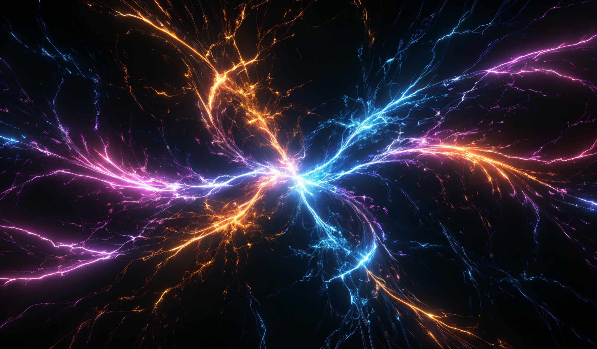 The image showcases a vibrant and dynamic interplay of colors, primarily consisting of shades of blue, pink, and orange. The central point of the image emits a bright blue light, which seems to radiate outwards in all directions, intertwined with tendrils of pink and orange light. These tendrills appear almost like tendrillars or branches, extending outwards and intertwining with each other, creating a mesmerizing and almost chaotic pattern. The background is dark, which accentuates the brightness and vibrancy of the colors.