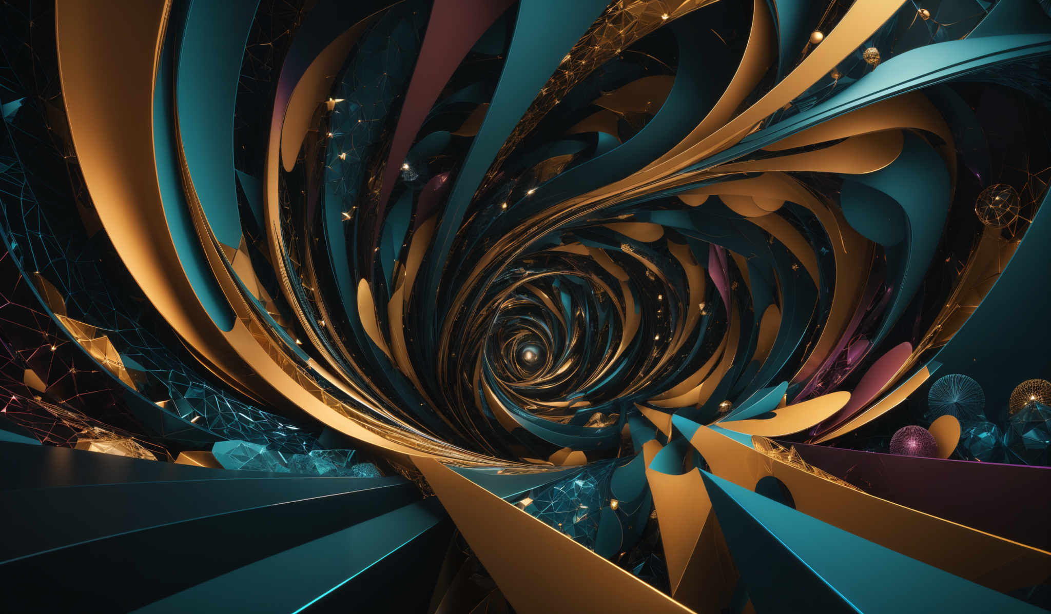 The image showcases a vibrant and intricate design with a mix of geometric shapes and organic forms. Dominant colors include deep blues, golds, and hints of purple. The design features swirling patterns, resembling a vortex or spiral, with intertwining lines and curves. There are also spherical and geometric shapes, possibly representing orbs or crystals, scattered throughout the image, adding depth and dimension. The overall feel is dynamic and otherworldly, reminiscent of a digital or abstract art piece.