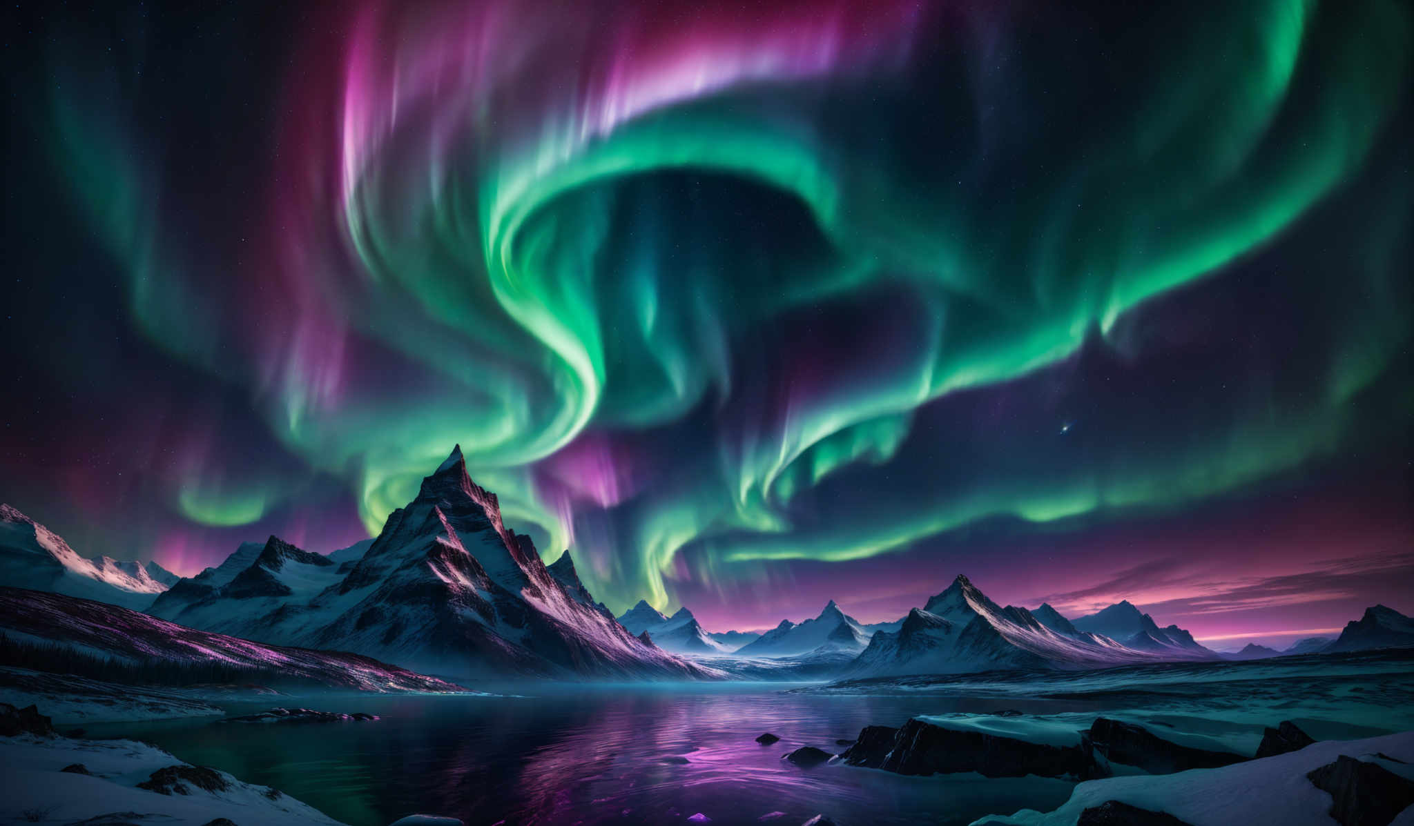 The image showcases a breathtaking view of the Northern Lights, also known as the Aurora Borealis. These lights display a mesmerizing array of colors, including vibrant shades of green, pink, and purple. They swirl and dance across the night sky, creating an ethereal and almost otherworldly atmosphere. Below the sky, there are snow-covered mountain peaks, with one particularly prominent peak standing tall in the center. The mountains are reflected in a serene body of water in the foreground, adding depth to the scene. The overall ambiance of the image is one of wonder and awe, capturing the beauty of nature in its most majestic form.