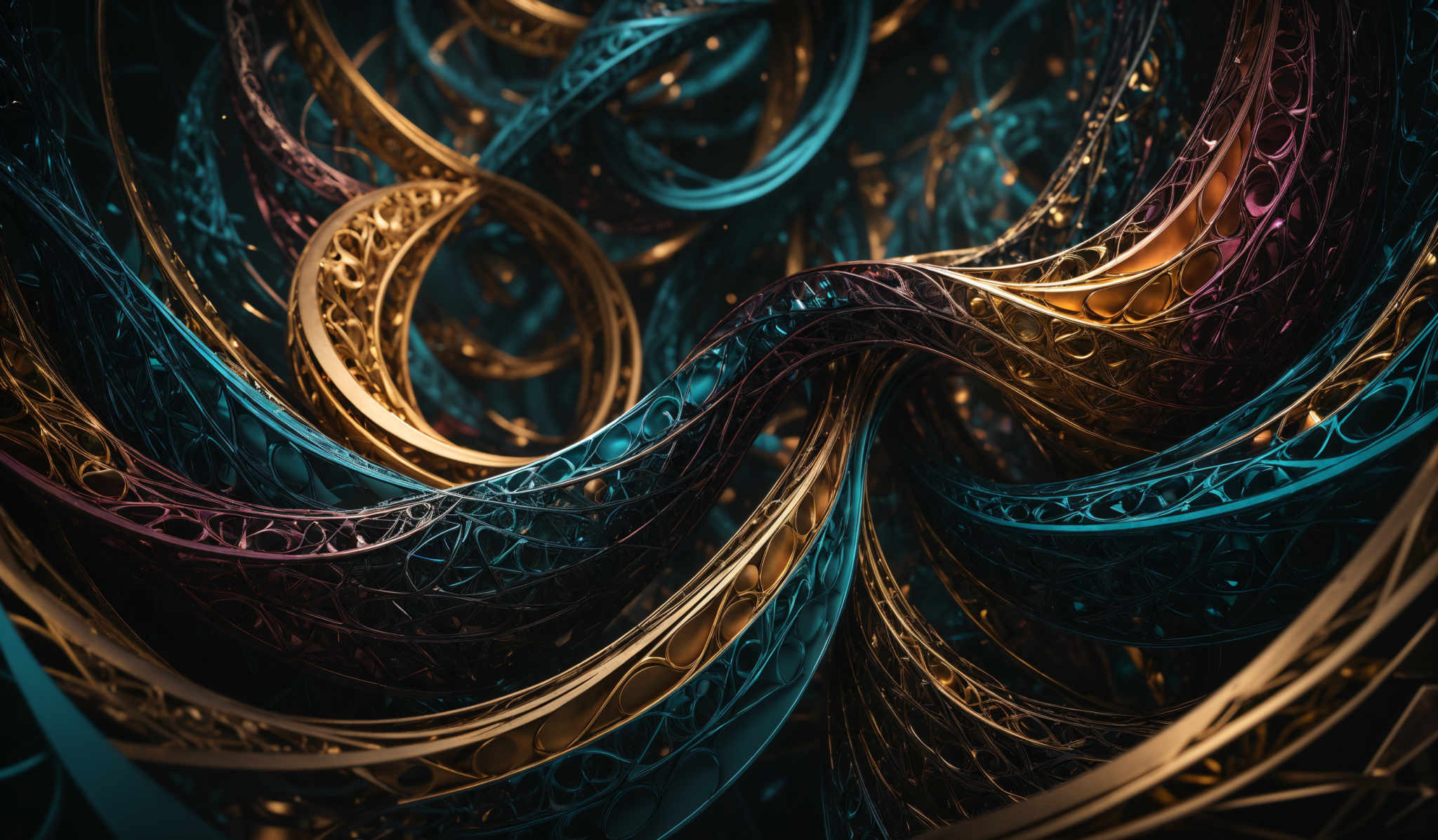 The image showcases intricate, intertwined structures that resemble organic or biomechanical designs. These structures are primarily in hues of gold, teal, and purple. They are interconnected with loops and curves, creating a complex web-like pattern. The gold structures have a reflective quality, giving them a shiny appearance, while the teal and purples appear more matte. The overall design is intricate and appears to be a digital artwork or a conceptual representation.