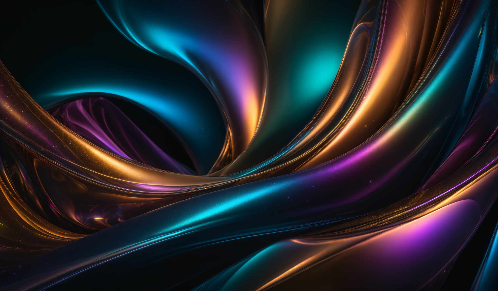 The image showcases a vibrant and dynamic abstract design. It features a myriad of colors, including deep blues, golds, purples, and teals, that flow and intertwine in fluid, wavy patterns. The shapes are reminiscent of liquid or molten material, with curves and swirls that give a sense of movement and flow. The overall effect is both mesmerizing and dynamic, evoking feelings of movement, energy, and fluidity.