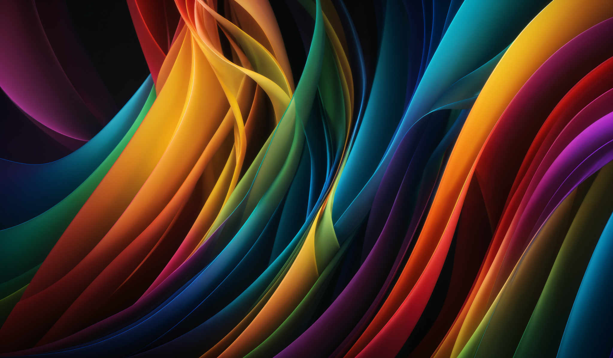 The image showcases a vibrant and dynamic abstract pattern. It features a myriad of colors, including deep blues, bright yellows, fiery reds, and luminous greens, all intertwined in fluid, wavy shapes. The colors appear to be flowing and interconnected, creating a sense of movement and rhythm. The overall composition gives a feeling of fluidity and dynamism, reminiscent of cascading waves or swirling smoke.