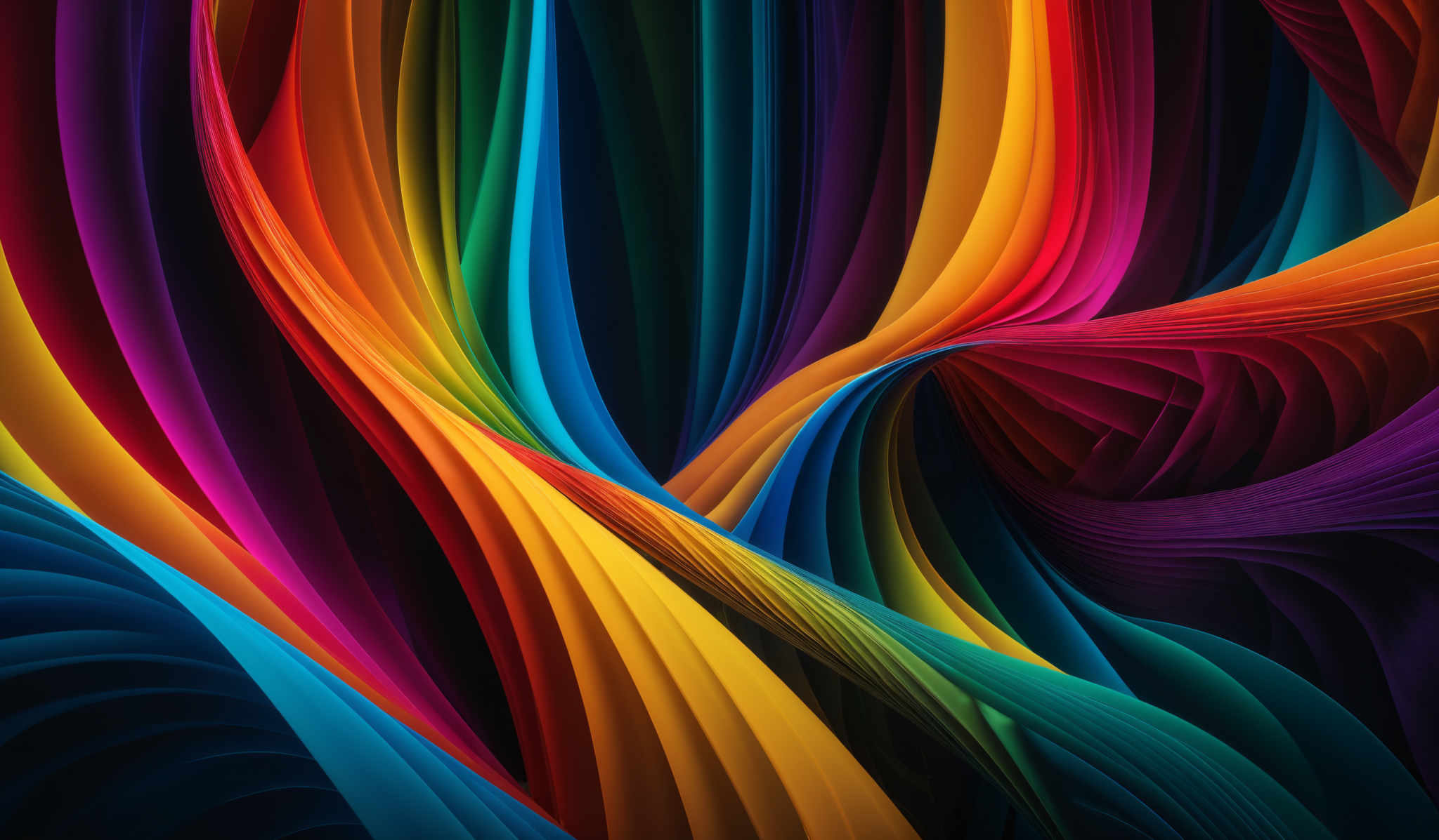 The image showcases a vibrant and dynamic composition of colorful, wavy, and curved lines. The colors range from deep blues and purples to bright yellows, oranges, and reds. The shapes are fluid and organic, resembling cascading waves or flowing fabric. The interplay of colors and shapes creates a visually captivating and dynamic effect, evoking feelings of movement and energy.