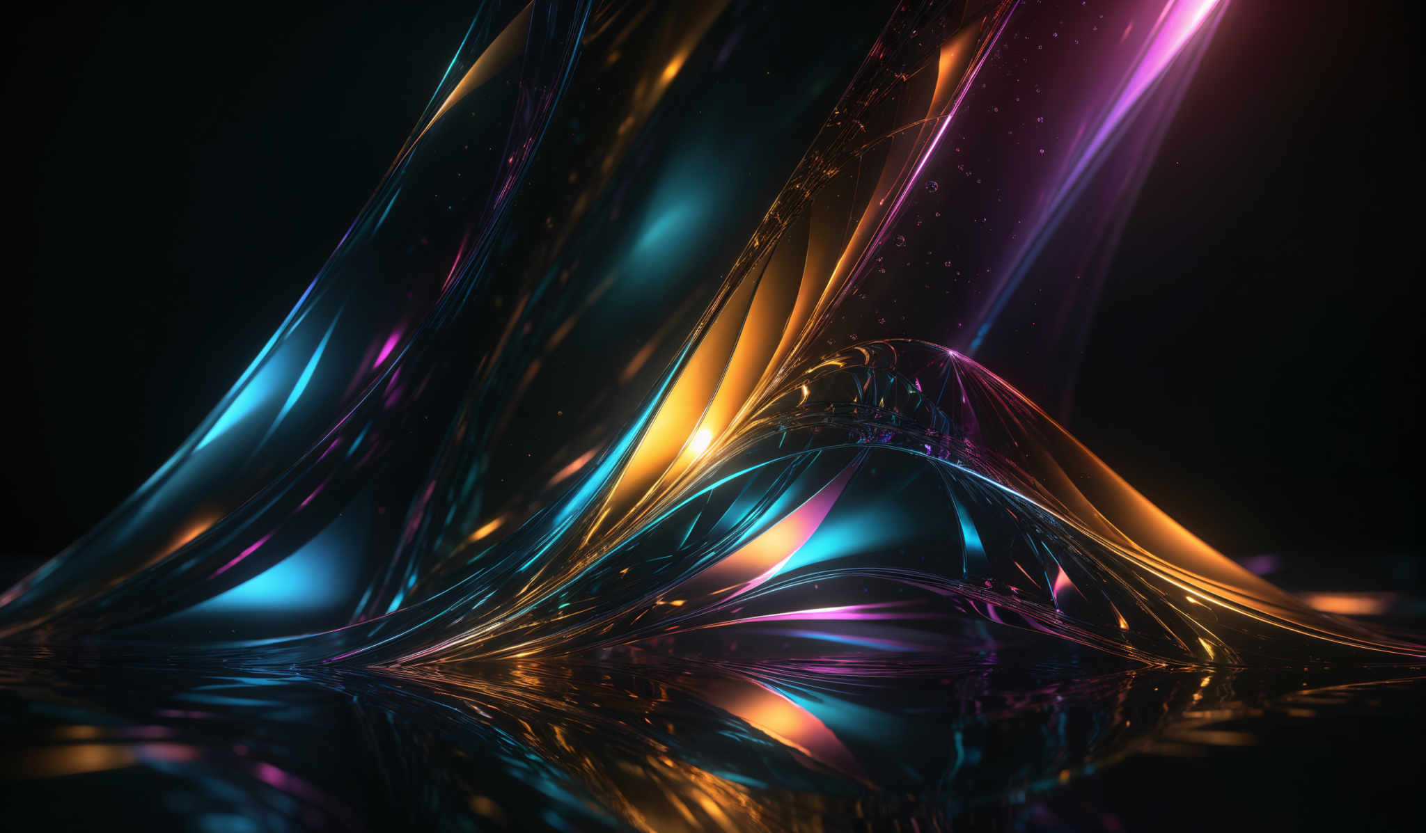 The image showcases a vibrant and dynamic digital artwork. It features a myriad of colors, predominantly shades of blue, pink, and gold. The shapes are fluid and wavy, resembling flowing liquid or energy. The artwork seems to depict a swirling pattern of these colors, creating an impression of movement and energy.