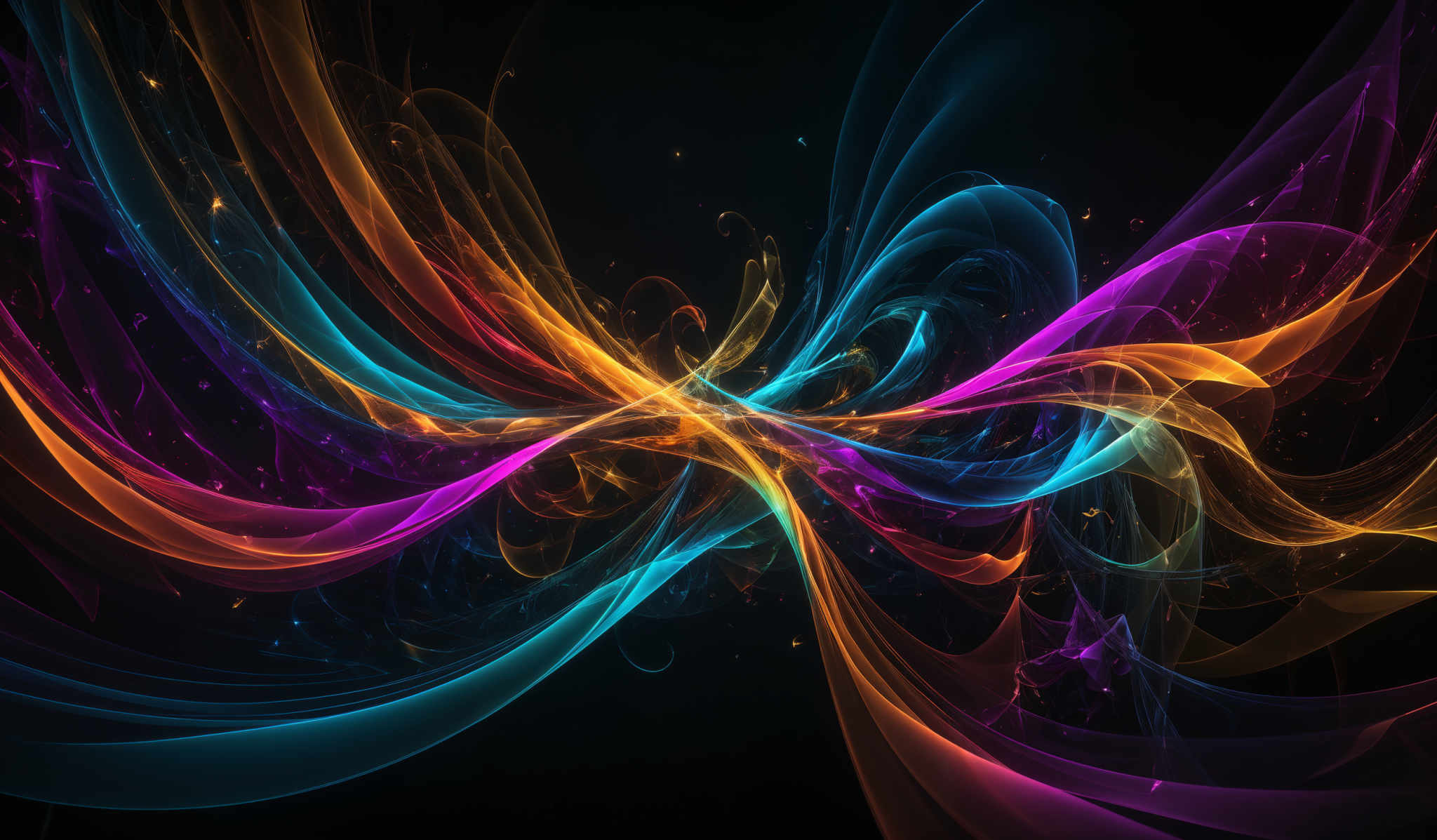 The image showcases a vibrant and dynamic interplay of colors. It features swirling patterns of vivid hues, including shades of blue, orange, pink, and purple. These colors intertwine and overlap in intricate, wavy patterns, creating a visually captivating effect. The swirls are reminiscent of flowing smoke or ethereal energy, and they seem to emanate from a central point, radiating outwards in all directions. The background is dark, which accentuates the brightness and vibrancy of the colors, making them pop and appear more vivid.