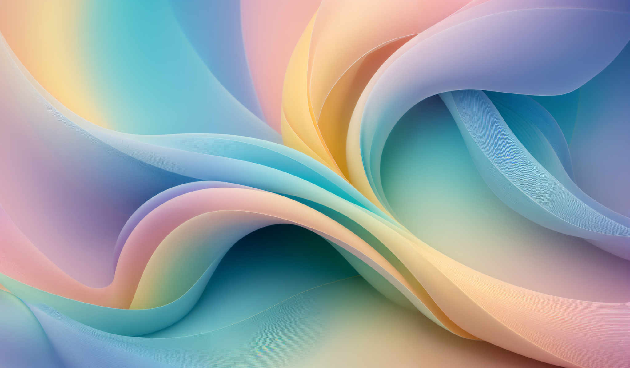 The image showcases a vibrant and dynamic abstract design. It features a series of overlapping, curved shapes in a myriad of pastel colors. The shapes are fluid and wavy, creating a sense of movement and flow. The colors range from soft blues and purples to warm oranges and pinks, creating an ethereal and dreamy atmosphere. The intricate detailing and gradient effects in the colors give depth and dimension to the design.