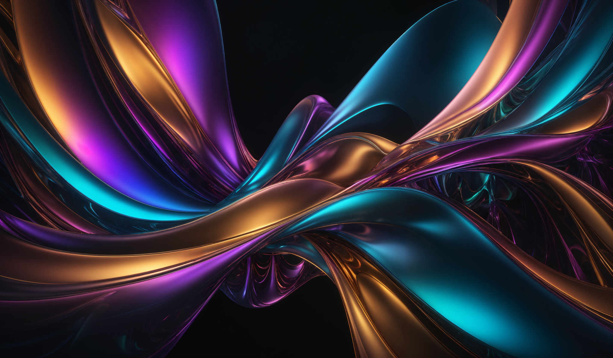 The image showcases a vibrant and dynamic abstract pattern. It features a mix of colors, including deep blues, fiery oranges, and electric purples. The shapes are fluid and wavy, resembling flowing liquid or twisted metals. The intertwining of these shapes creates a mesmerizing interplay of light and shadow, giving the image a sense of movement and energy.