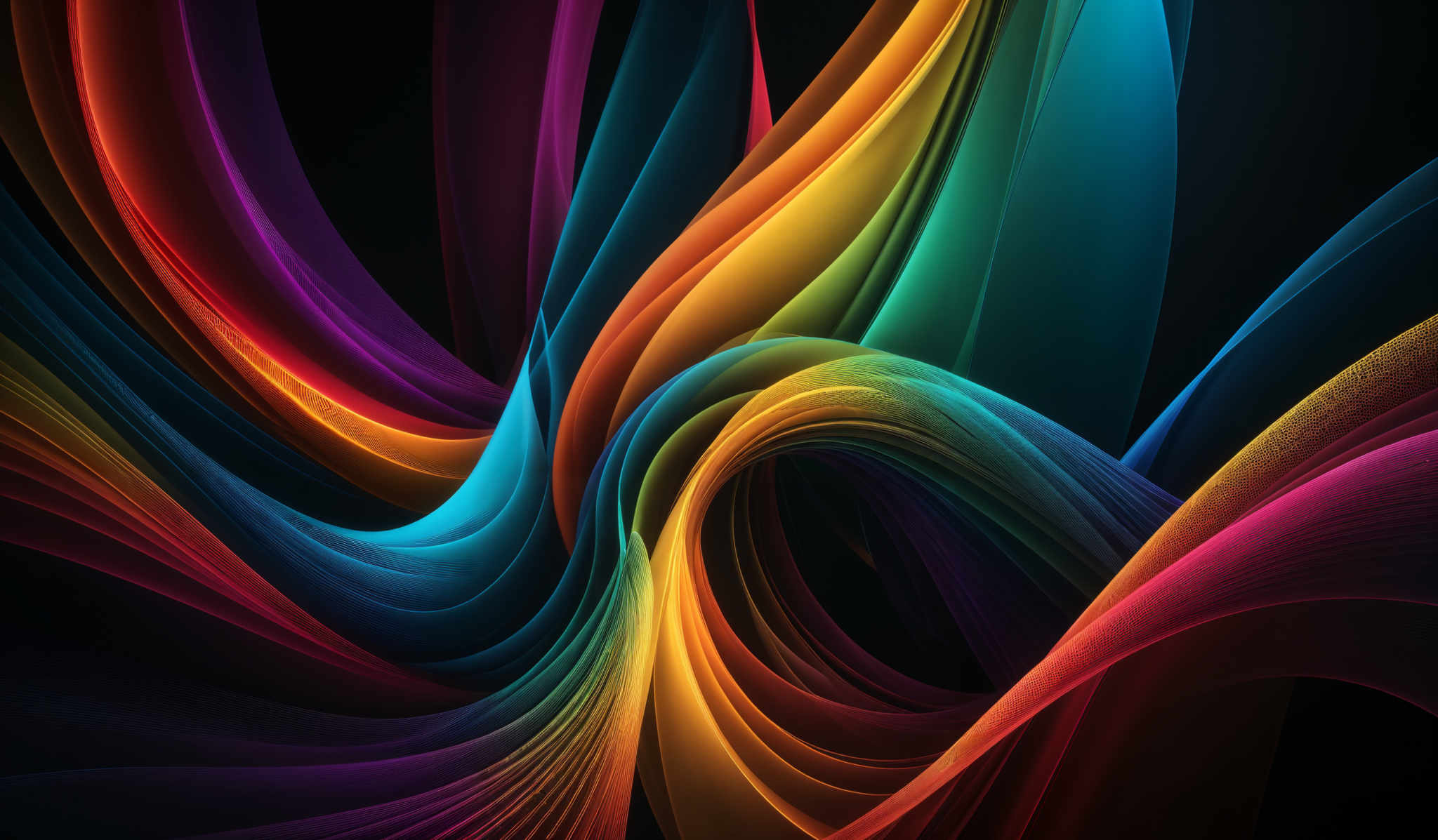 The image showcases a vibrant and dynamic abstract design. It features a myriad of colors, including deep blues, bright yellows, fiery reds, and luminous oranges, all swirling and intertwining in a fluid manner. The shapes are fluid and wavy, resembling ribbons or streams of color. The background is dark, which accentuates the brightness and vibrancy of the colors, creating a striking contrast.