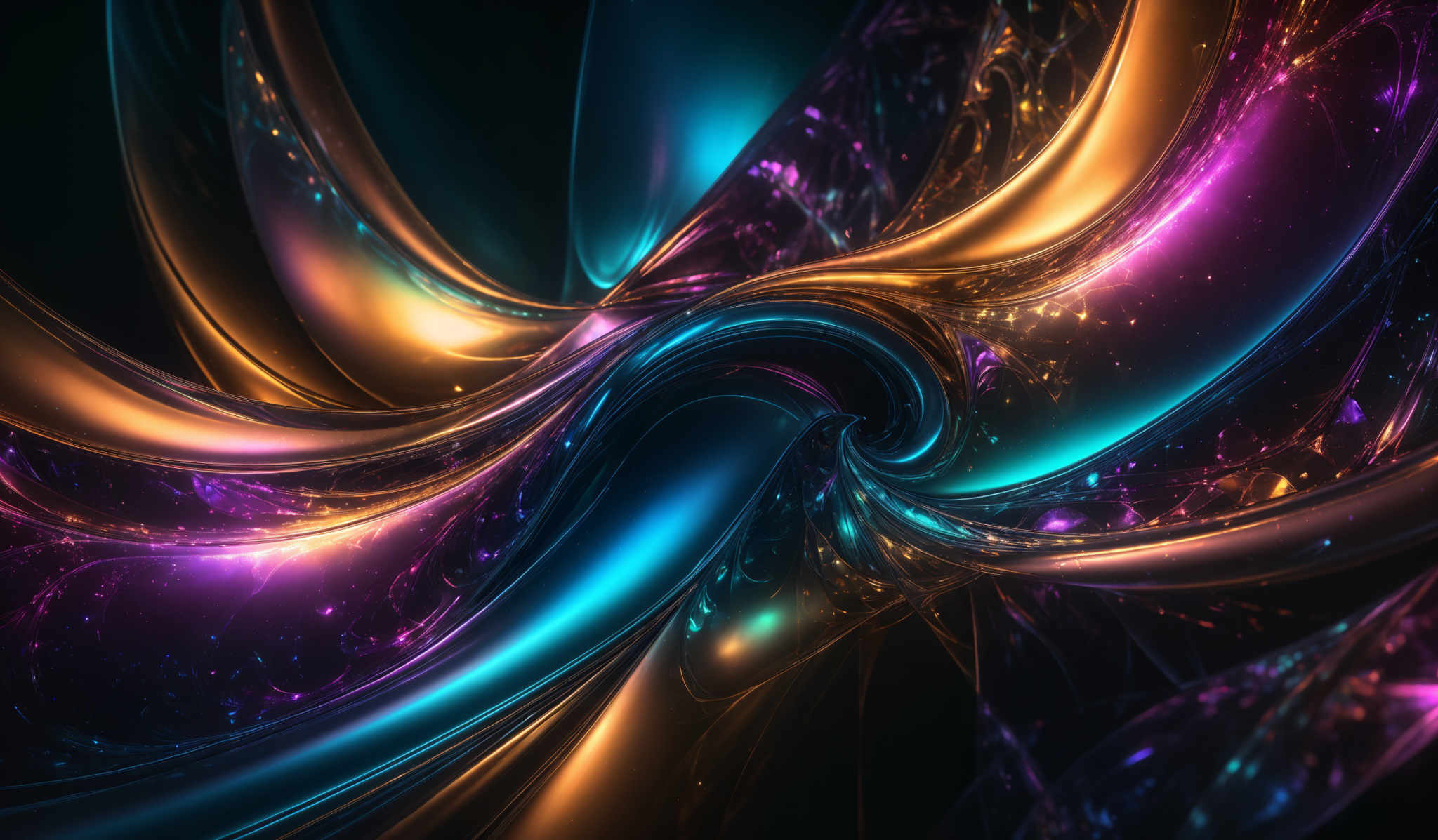 The image showcases a vibrant and intricate digital artwork. It features swirling patterns of colors, predominantly in shades of blue, purple, and gold. The shapes are fluid and wavy, resembling flowing liquid or energy. The background is dark, which accentuates the luminescence of the colors and adds depth to the overall composition.