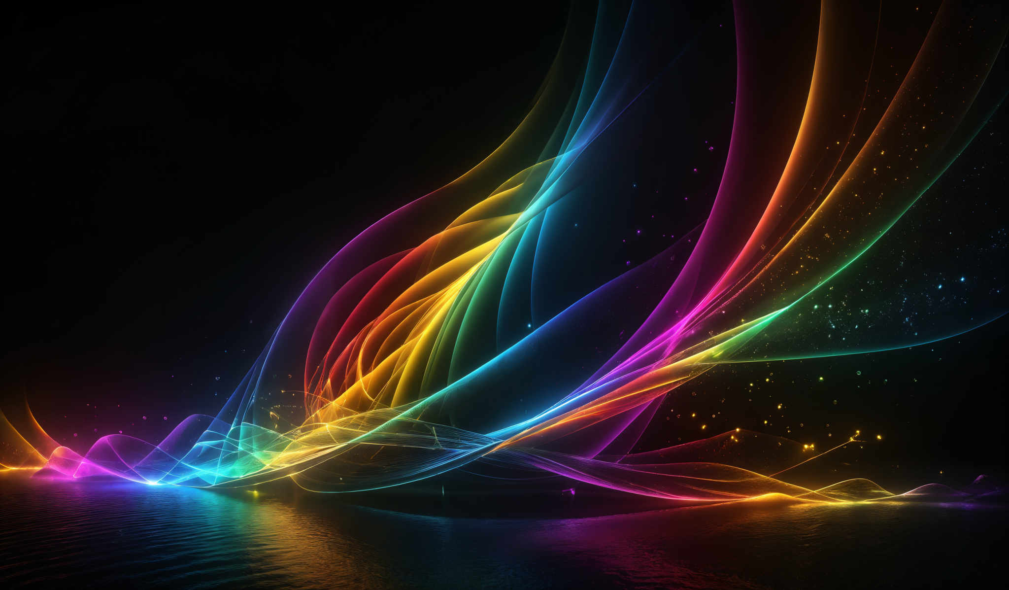 The image showcases a vibrant and dynamic spectrum of colors, predominantly in hues of blue, green, yellow, and pink. These colors form fluid, wavy lines and patterns that seem to be in motion, creating an ethereal and mesmerizing visual effect. The shapes are fluid and wave-like, flowing seamlessly into one another, creating a sense of movement and energy. The background is dark, which accentuates the luminosity and vibrancy of the colors, making them stand out prominently.