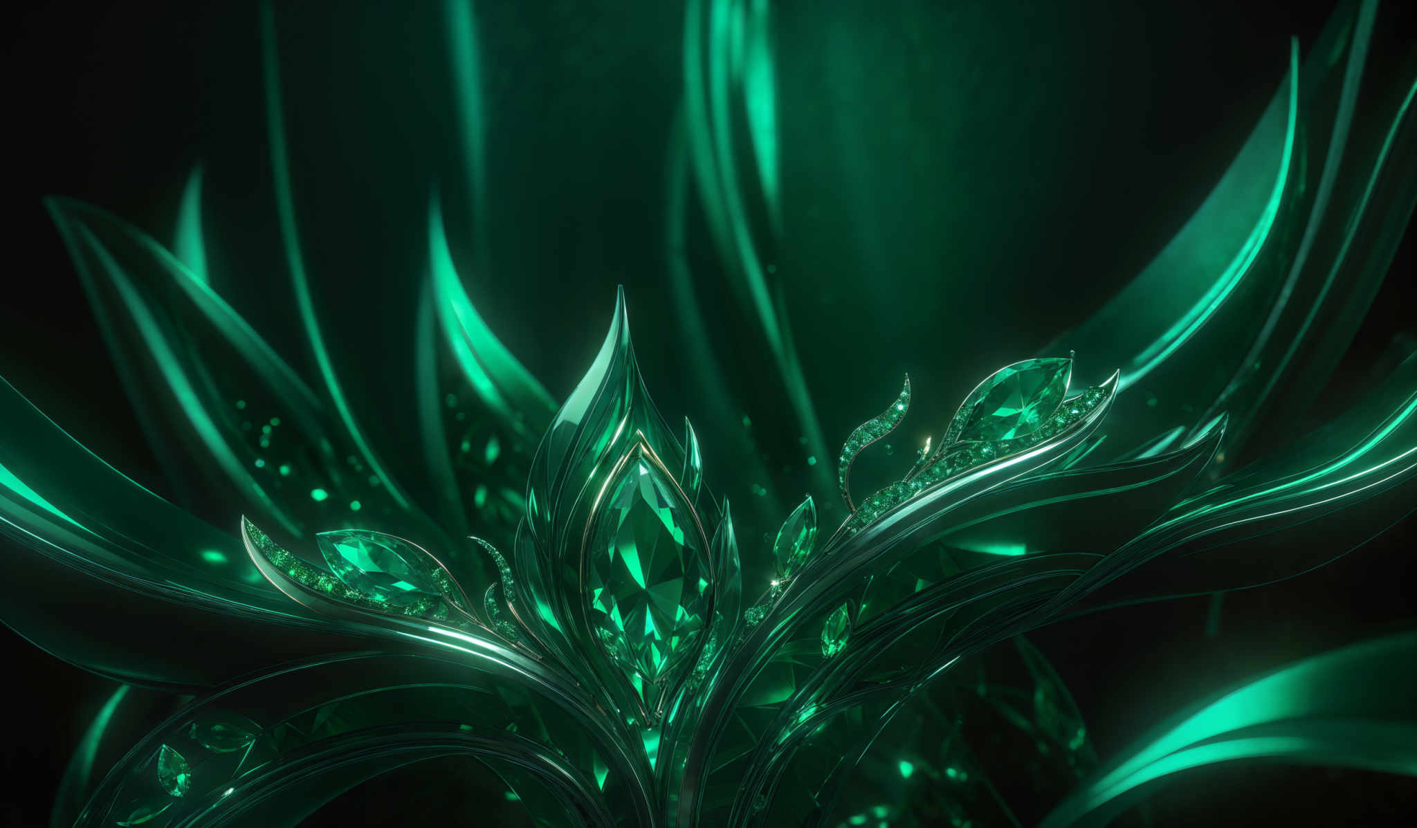 The image showcases a vibrant and intricate design with predominant shades of green. The primary shapes are swirling and wavy, resembling leaves or petals. These shapes are adorned with shimmering, gem-like structures that are embedded within, reflecting light and adding depth to the design. The overall ambiance is ethereal and appears to be inspired by nature, possibly representing a fantastical or otherworldly flora.