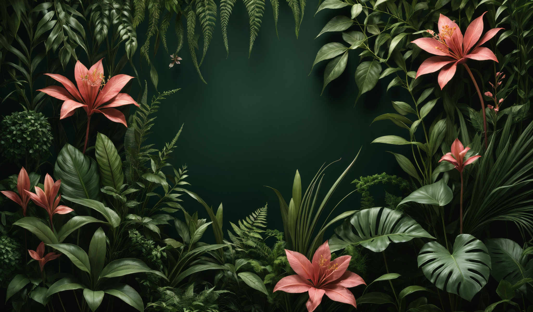 The image showcases a vibrant and lush tropical setting. Dominating the scene are large, vivid pink flowers with yellow centers. These flowers are surrounded by various types of green foliage, including ferns, palms, and other tropical plants. The leaves have a variety of shapes, from long and slender to broad and fan-like. The background is a deep green, providing a stark contrast to the bright colors of the flowers and foliages, creating a sense of depth and mystery.