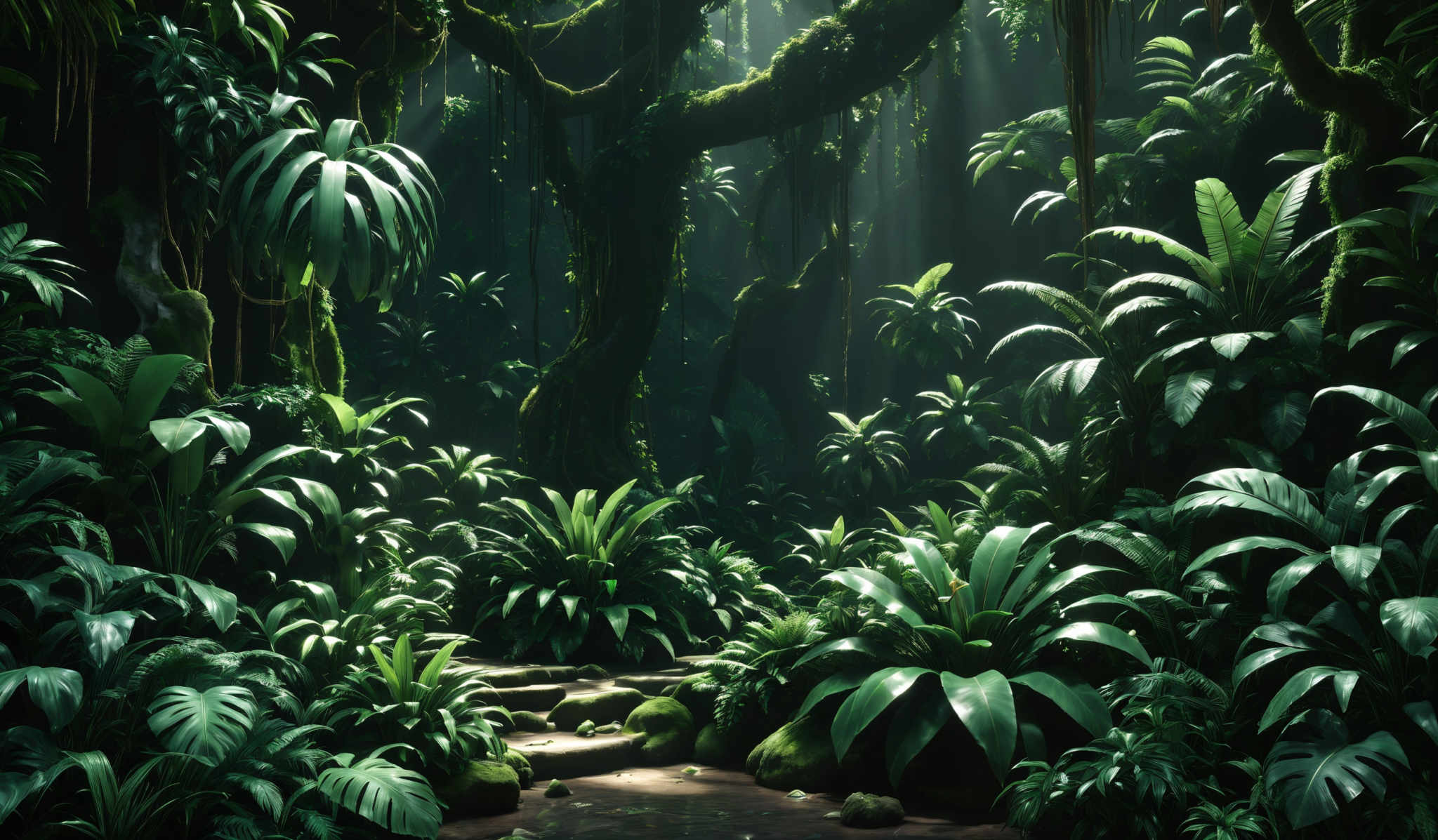 The image showcases a lush, dense jungle or forest. The dominant colors are various shades of green, representing the abundant foliage. The plants are diverse in shape, with some having broad leaves, others with long, slender leaves, and a few with unique, waxy textures. The forest floor is covered with moss and small stones, and there's a soft, dappled light filtering through the canopy, creating a serene and mystical atmosphere.