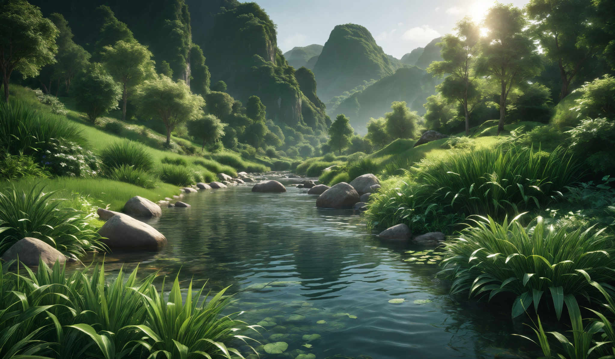 The image showcases a serene and picturesque landscape. Dominated by various shades of green, it features lush trees, grassy fields, and a calm river flowing through. The river is dotted with smooth, rounded stones. In the background, towering cliffs or mountains rise, their rugged surfaces covered in dense vegetation. The sunlight filters through the trees, casting a soft glow and creating a play of light and shadow on the water's surface.