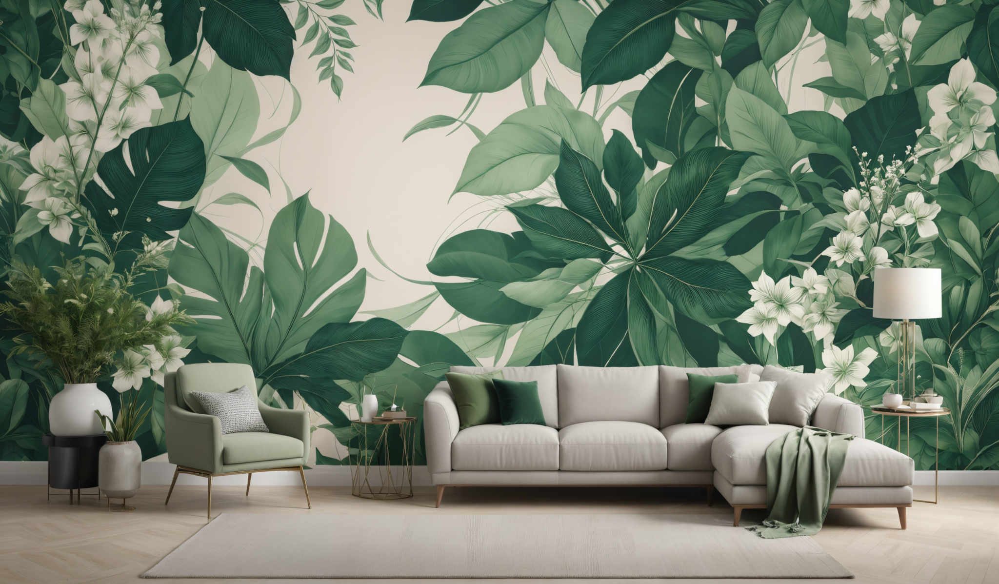 The image showcases a living room with a large wall mural. The mural predominantly features large, lush green leaves and white flowers. The leaves are varying in shape, with some having broad, flat surfaces and others having more intricate, wavy designs. The flowers are scattered throughout, adding a touch of white to the green dominance. In the living room, there's a light-colored sofa adorned with green and white cushions. To the left of the sofa, there is a green armchair with a matching cushion. In front of the armchairs, there are two small tables with decorative items on them. The floor is wooden, and there' s a light gray rug beneath the sofas.