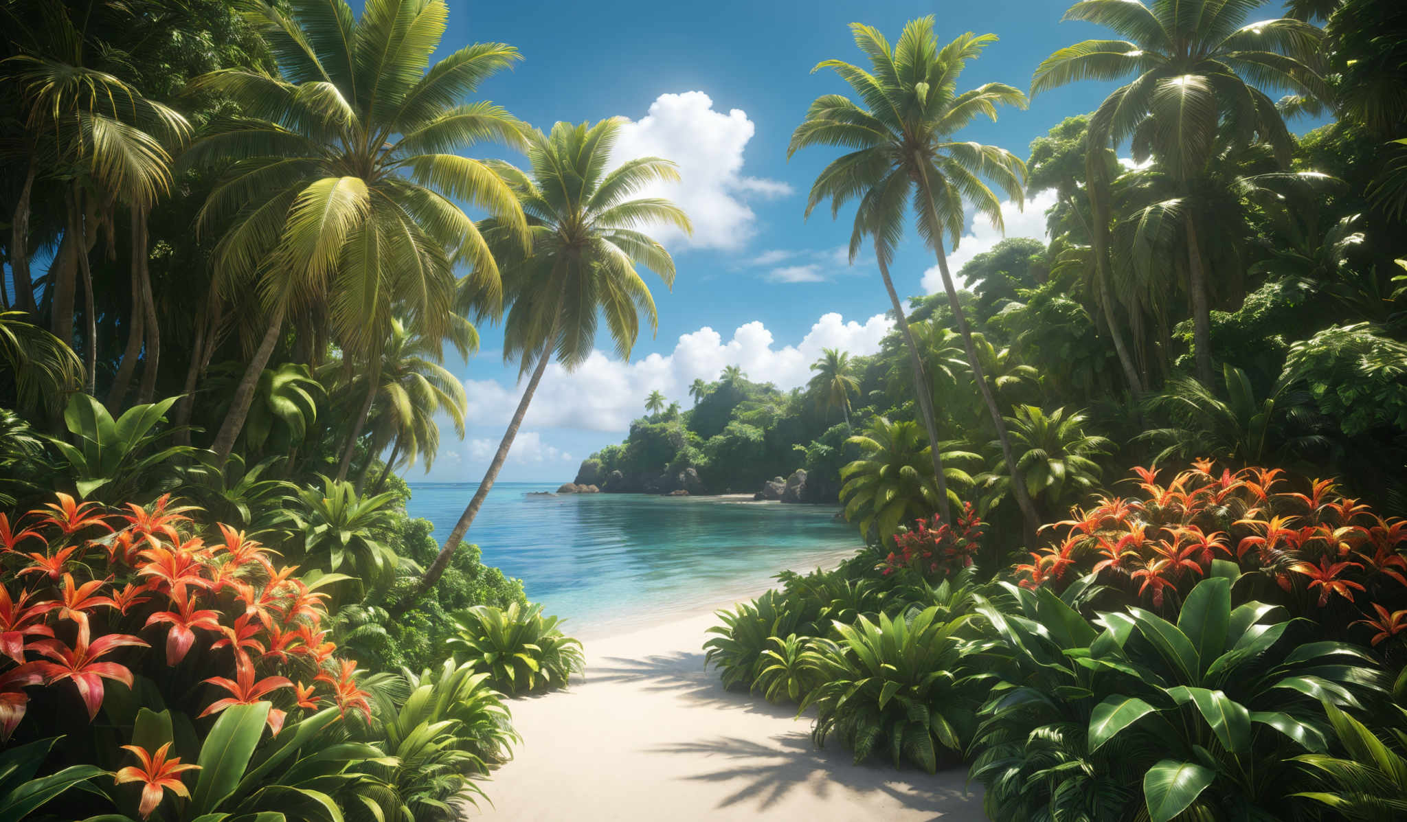 The image showcases a vibrant tropical landscape. Dominating the foreground are lush green plants and vibrantly colored flowers, primarily in shades of red and orange. These plants are tall and appear to be tropical in nature, with broad leaves. In the middle ground, there's a sandy pathway leading to a pristine beach with clear blue waters. The beach is bordered by more dense vegetation. In addition, there are tall palm trees that stretch towards the sky, with their fronds swaying in the breeze. The sky is clear with a few scattered clouds, suggesting a sunny day.