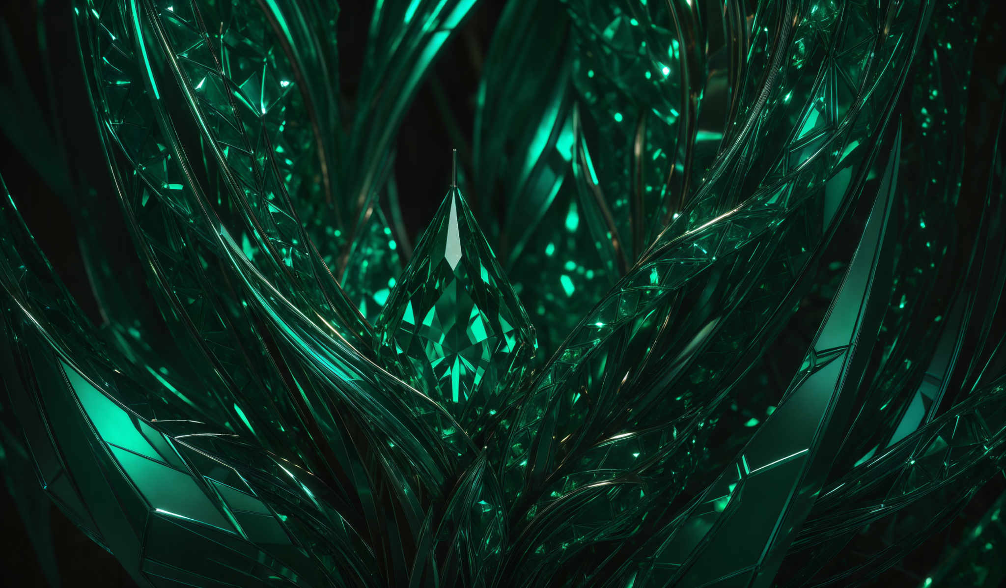 The image showcases a vibrant and intricate design of what appears to be crystalline structures. The predominant color is a deep shade of teal or turquoise. The structures are composed of multiple intertwined and overlapping crystals, each with a unique shape and facet. The crystalls have a reflective quality, with some parts appearing translucent, allowing glimpses of the structures inside. The overall design gives a sense of depth and complexity, reminiscent of a gem or mineral formation.