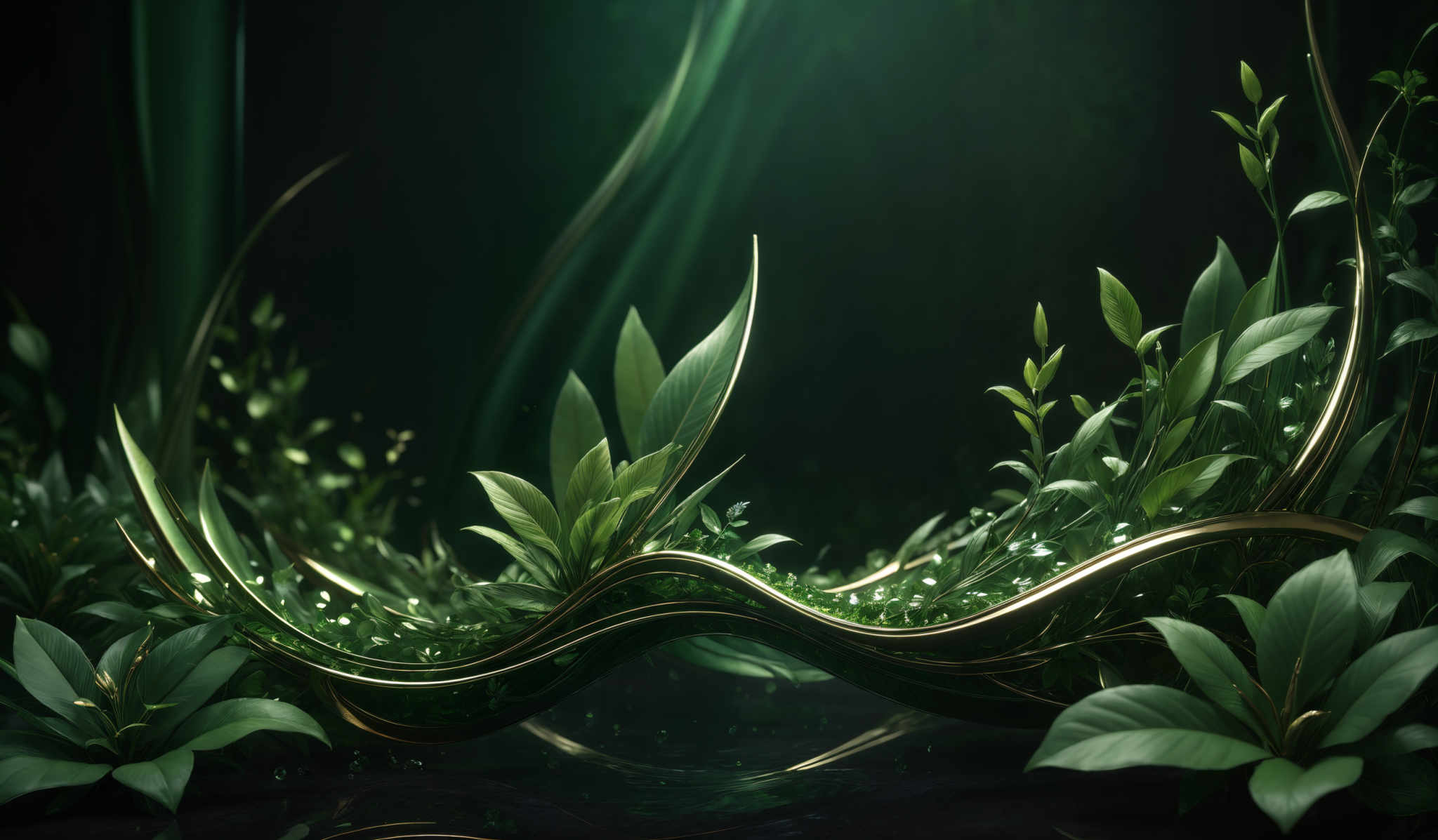 The image showcases a dark, almost nocturnal setting with a prominent green hue. There are intricate, curving, and wavy structures that resemble plant tendrils or organic forms. These structures are intertwined with what appears to be shimmering, reflective elements, possibly representing water or glitter. The overall ambiance is serene, with a touch of mystique, accentuated by the play of light and shadow.