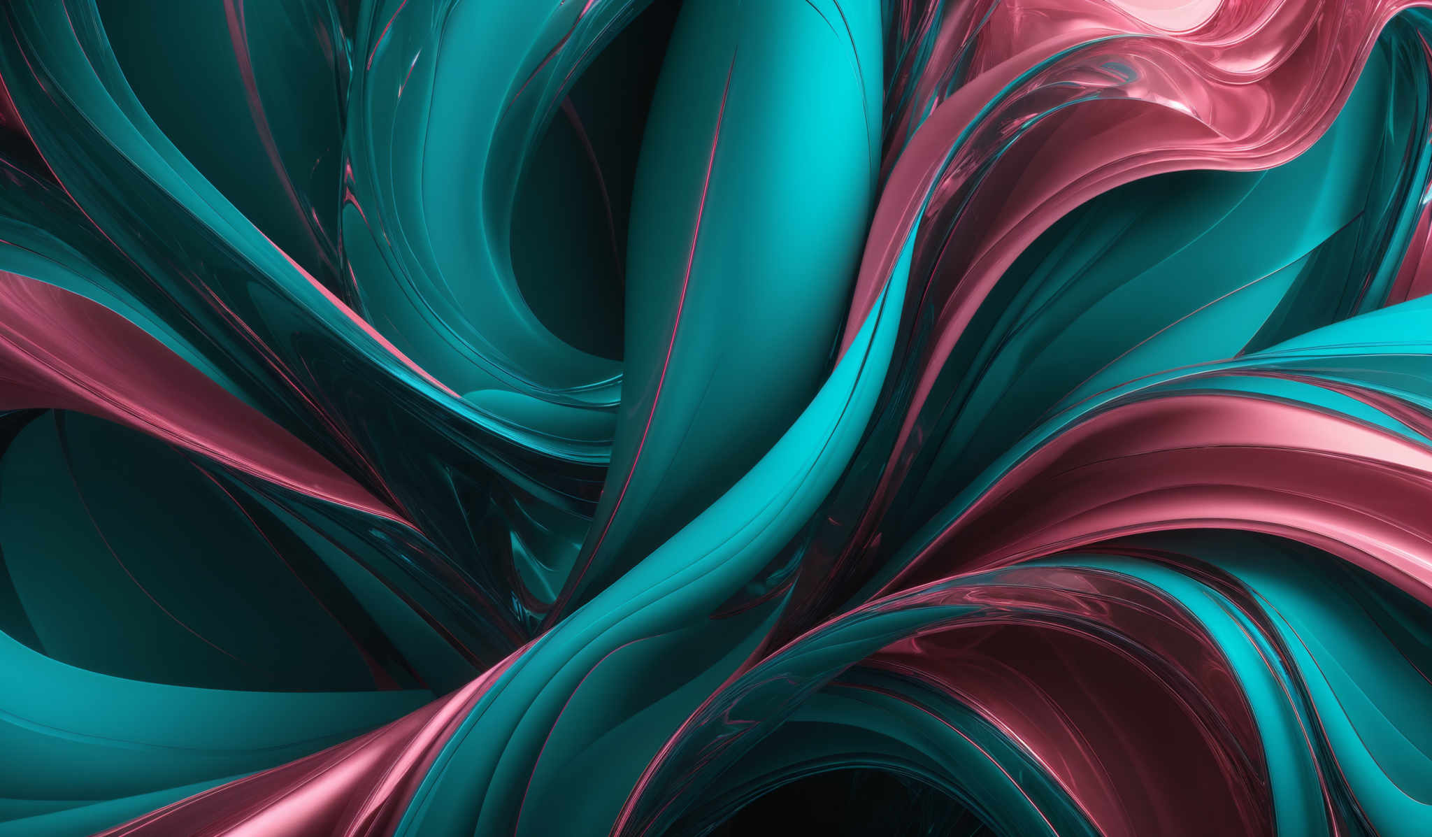 The image showcases a vibrant and intricate design with swirling patterns of teal and pinkish-red colors. The shapes are fluid and wavy, resembling flowing liquid or marbled patterns. The intertwining of these shapes creates a mesmerizing effect, giving the image a dynamic and organic feel.