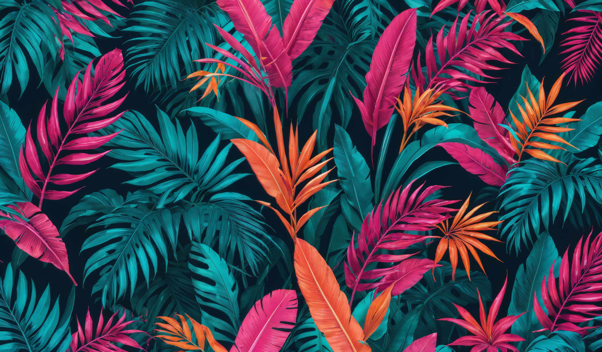 The image showcases a vibrant tropical pattern with various leaves. The leaves are predominantly in shades of green, pink, and orange. The shapes of the leaves vary, with some being elongated and others having a more fan-like appearance. The overall design is dense, creating a lush, jungle-like feel.