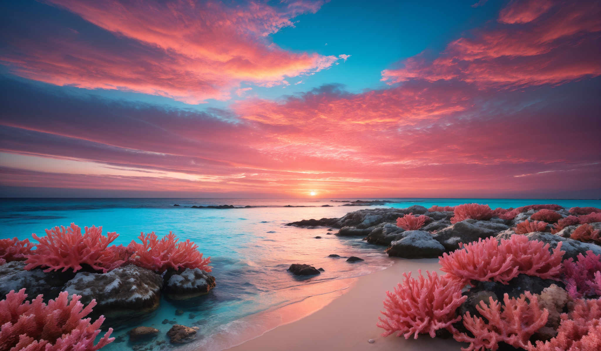 The image showcases a breathtaking seascape during sunset. The sky is painted with hues of pink, orange, and blue, with the sun setting in the horizon. The clouds are scattered, reflecting the vibrant colors of the sunset, creating a dramatic effect. The sea is calm with gentle waves, and its clear blue water reflects the sky's colors. On the foreground, there are rocky formations with clusters of vibrantly colored corals, predominantly in shades of pinks and reds. The corals seem to be thriving, indicating a healthy marine ecosystem.