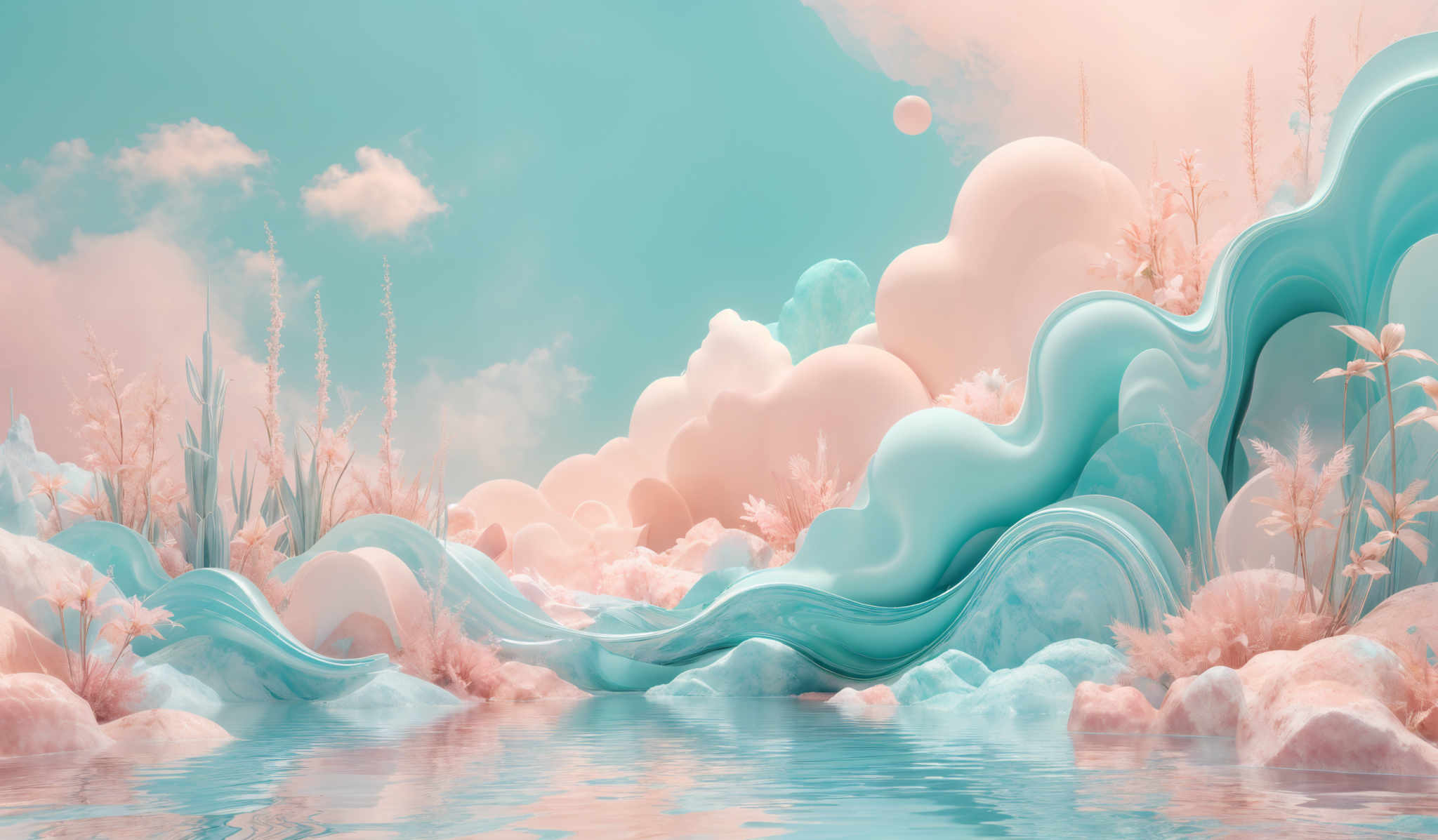 The image showcases a surreal and dreamlike landscape. The dominant colors are soft pastel shades of blue, pink, and white. The landscape features wavy, flowing structures that resemble waves or clouds, interspersed with tall, slender plants that appear to be swaying in the wind. There are also spherical objects floating in the sky, and the entire scene is reflected in a calm body of water below.