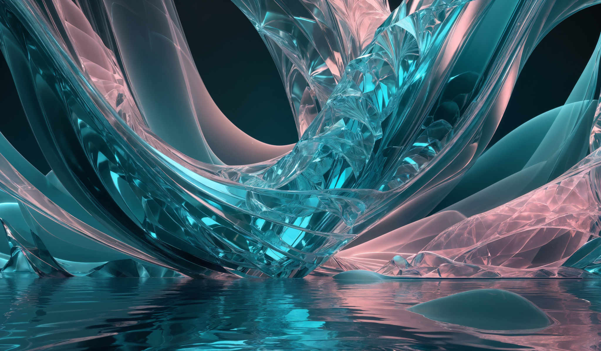 The image showcases a vibrant and intricate digital artwork. It predominantly features a blend of teal and pink hues, creating a visually striking contrast. The artwork is characterized by flowing, curvilinear shapes that resemble abstract representations of waves or fluid dynamics. These shapes are intertwined and overlap, creating an impression of depth and movement. The bottom of the image reveals a reflective surface, possibly water, which mirrors the shapes above, adding to the overall sense of depth.