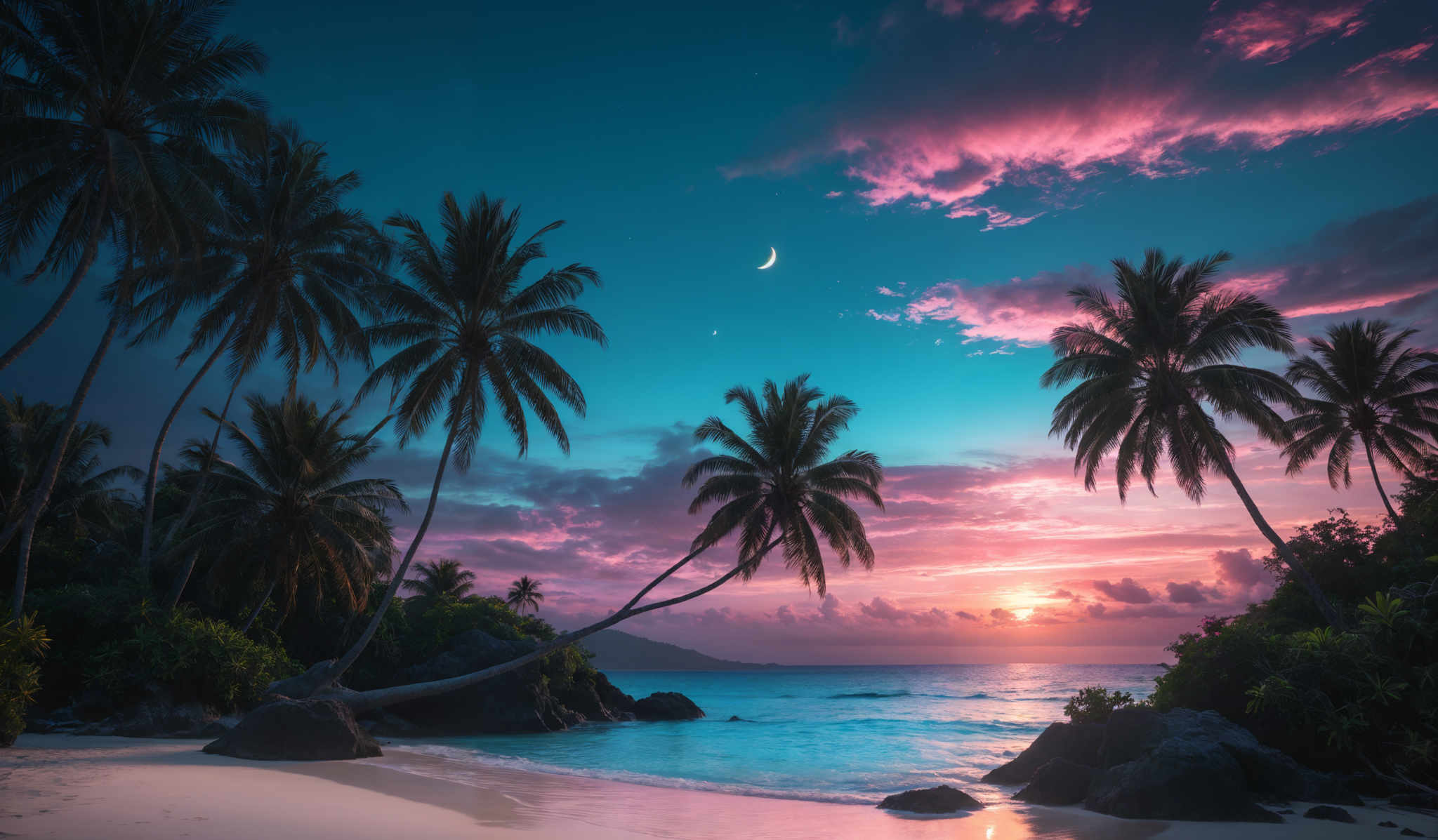 The image showcases a breathtaking tropical beach scene during sunset. The sky is painted with hues of pink, purple, and blue, with a crescent moon visible. The sun is setting over the horizon, casting a golden glow on the calm waters. In the foreground, tall palm trees stand tall, their fronds swaying gently. The beach is sandy and has a few scattered rocks. The overall ambiance is serene and tranquil, evoking feelings of relaxation and peace.