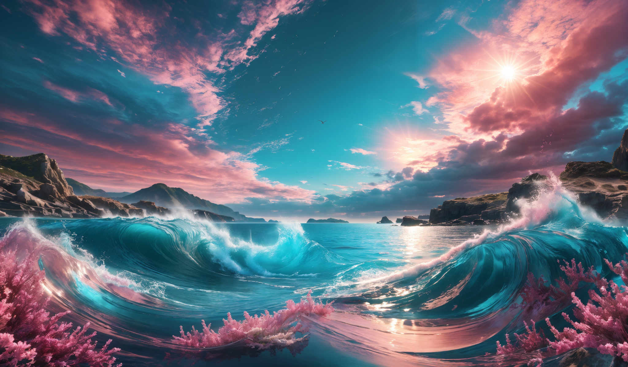 The image showcases a breathtaking seascape during sunset or sunrise. The sky is painted with hues of pink, orange, and blue, with the sun shining brightly from the top right corner. The clouds are scattered, reflecting the sun's light in various shades. The sea is a vibrant turquoise, with waves crashing and forming white foam. In the foreground, there are pink coral reefs, adding a touch of color contrast to the scene. The coastline is rugged with rocky outcrops, and there are a few birds flying in the distance.