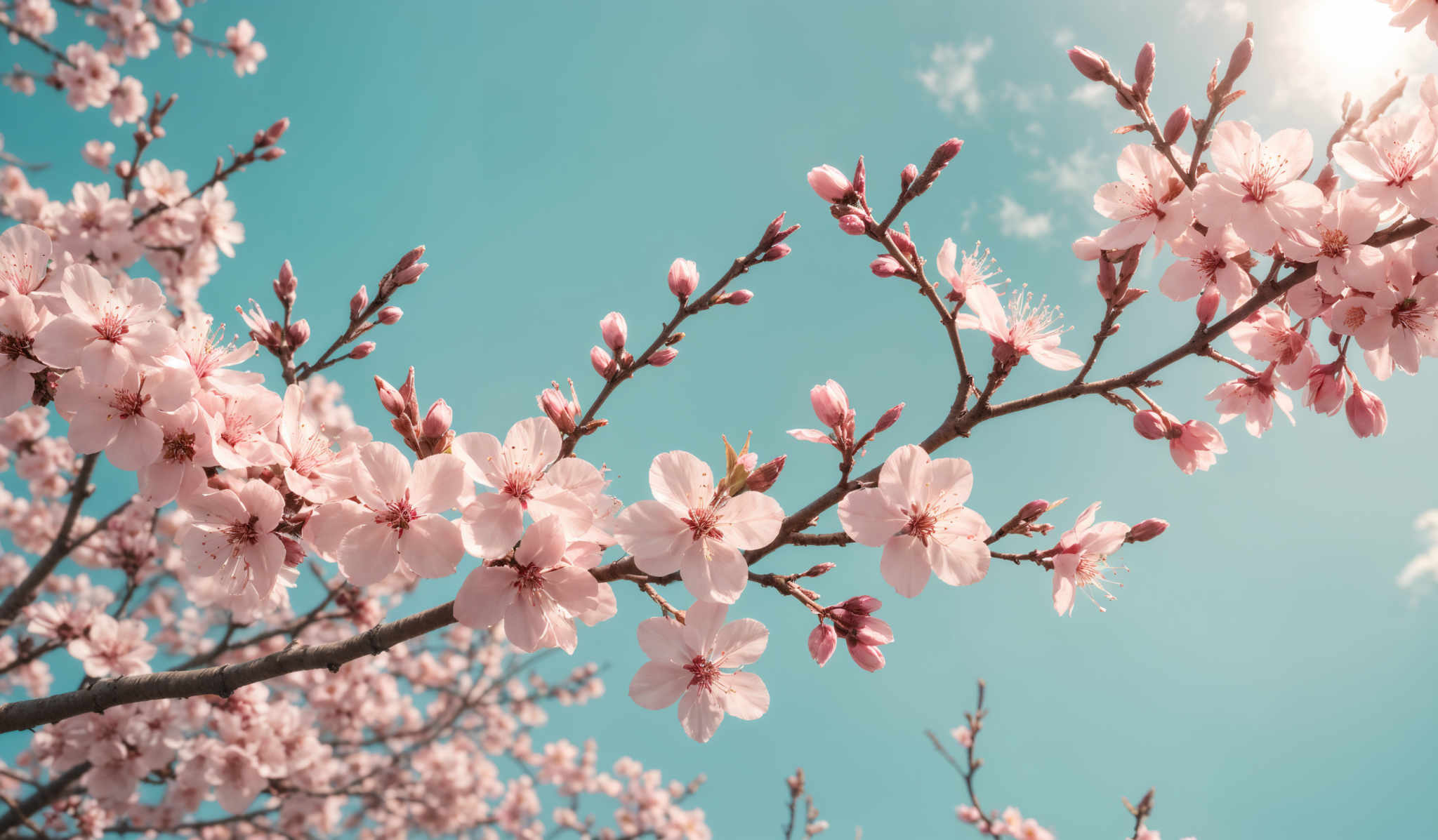 The image showcases a vibrant scene of cherry blossom trees in full bloom. The blossoms are a soft pink hue, with some appearing fully opened while others are still in bud form. The branches are slender and brown, and they stretch out against a clear blue sky. The sun is shining brightly from the top right corner, casting a warm glow over the scene.