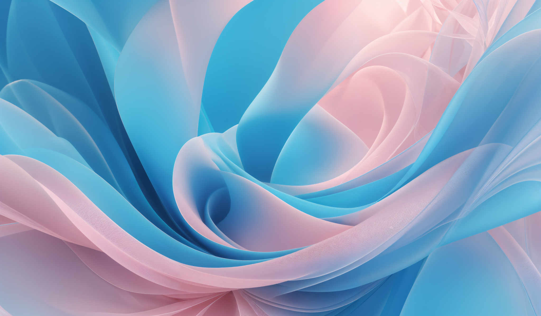 The image showcases a vibrant and intricate pattern of overlapping, translucent shapes that resemble flowing fabrics or waves. The dominant colors are shades of blue and pink, creating a harmonious blend. The shapes are smooth and wavy, with the blue ones appearing more rigid and the pink ones more fluid. The overlappings create a sense of depth and movement, making the image appear dynamic and lively.