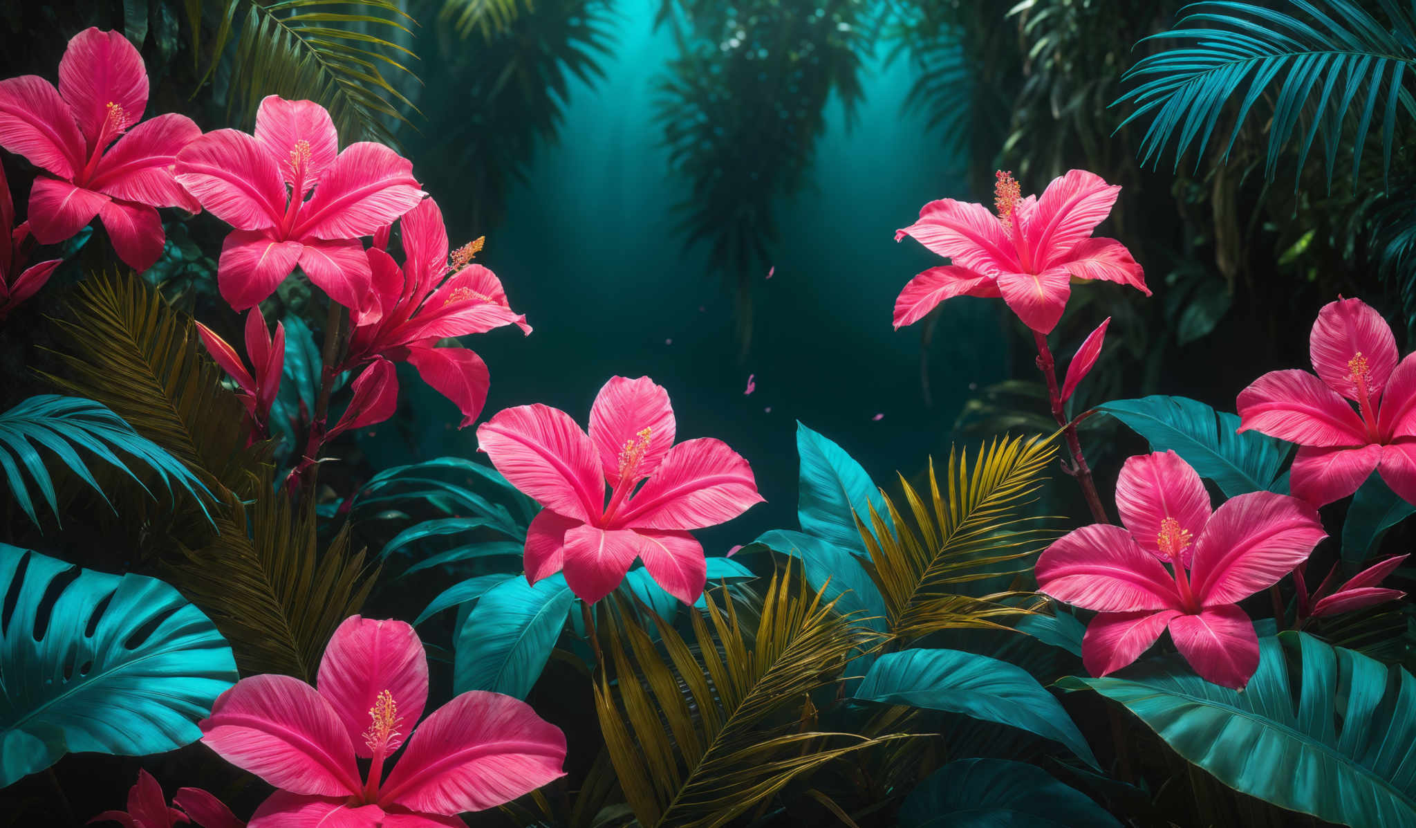 The image showcases vibrant pink flowers with intricate petal details. These flowers are surrounded by various tropical leaves, predominantly in shades of green and teal. The leaves have different shapes, including broad palm-like leaves and slender fern-like fronds. The background is a gradient of deep green, suggesting a dense forest or jungle setting.