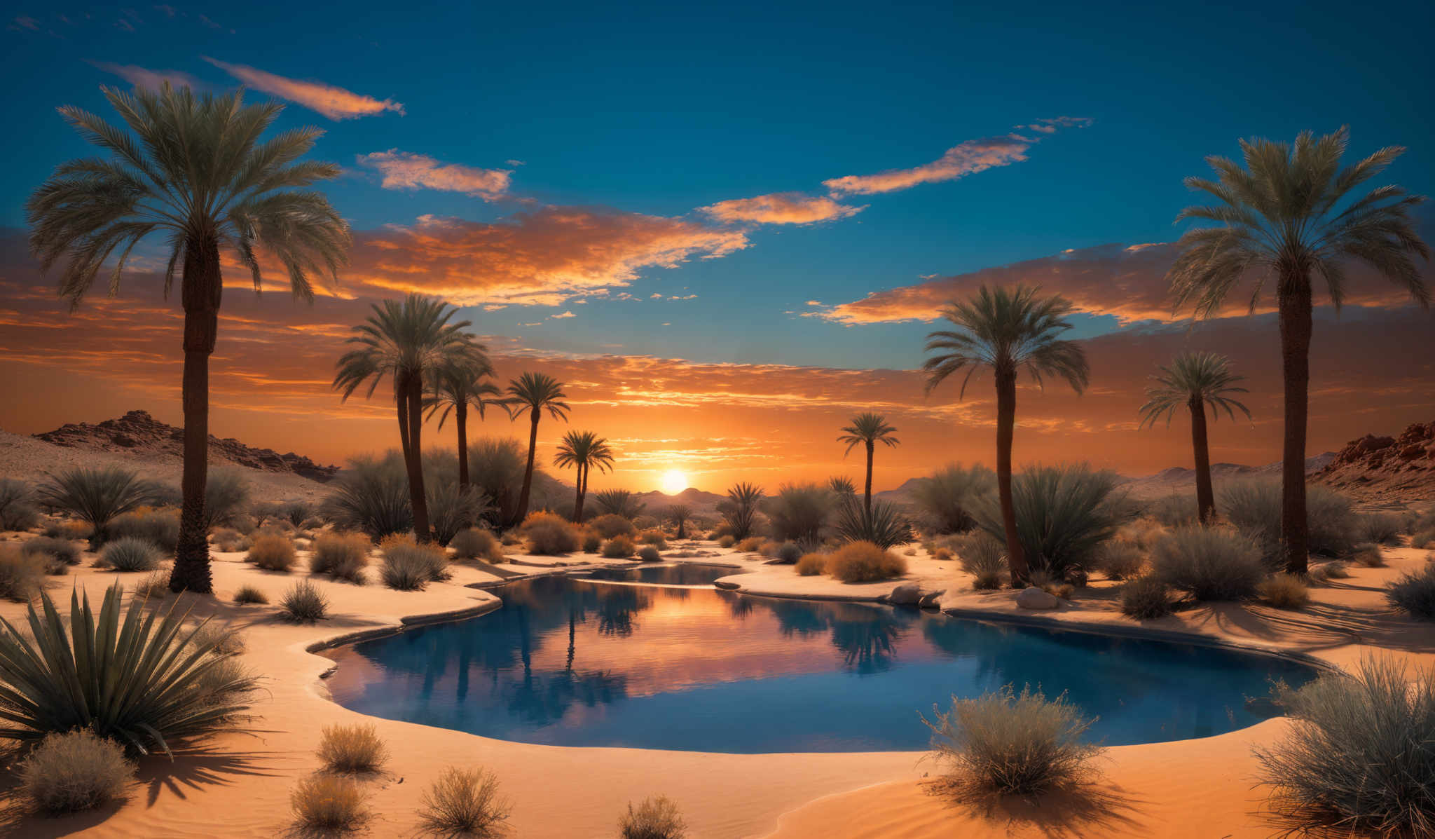 The image showcases a breathtaking desert landscape during sunset. The sky is painted with hues of orange, gold, and deep blue, with the sun setting on the horizon. The ground is covered in golden sand, interspersed with tufts of green shrubs and tall palm trees. A serene oasis is present in the foreground, with clear blue water reflecting the colors of the sky. The palm tree trunks are tall and slender, and the shrubs have a bushy appearance. The overall scene exudes tranquility and the beauty of nature.