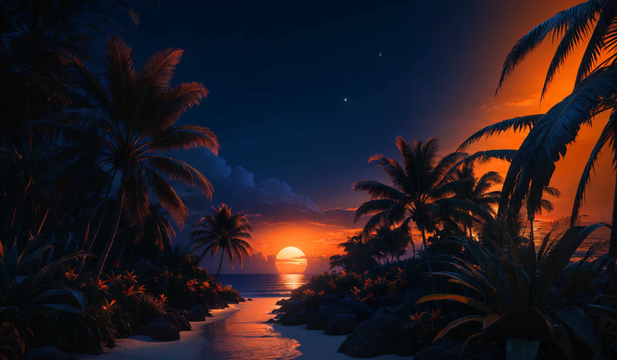 The image showcases a breathtaking tropical landscape during sunset. The sky is painted with hues of deep blue, transitioning to fiery orange and red near the horizon. The sun is partially obscured by a cloud, casting a warm glow over the scene. In the foreground, there are tall palm trees with their fronds swaying, and beneath them, a variety of tropical plants and flowers can be seen. A serene beach is visible with gentle waves lapping at the shore. The overall ambiance is one of tranquility and natural beauty.