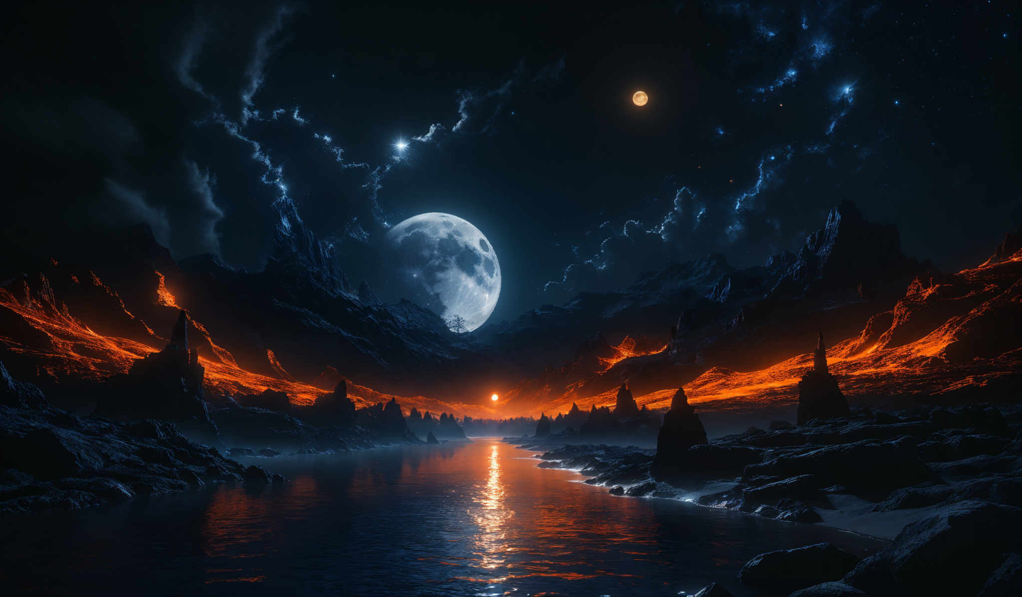 The image showcases a breathtaking celestial landscape. Dominating the scene is a large, glowing moon in the sky, surrounded by smaller celestia like stars and planets. Below, rugged mountain ranges rise dramatically from a fiery, molten terrain. The molten lava flows like rivers, illuminating the landscape with an intense orange glow. The sky is a mix of deep blues and fiery oranges, with swirling clouds adding depth and drama. The reflection of the moon and the fiery landscape can be seen in a calm body of water in the foreground.