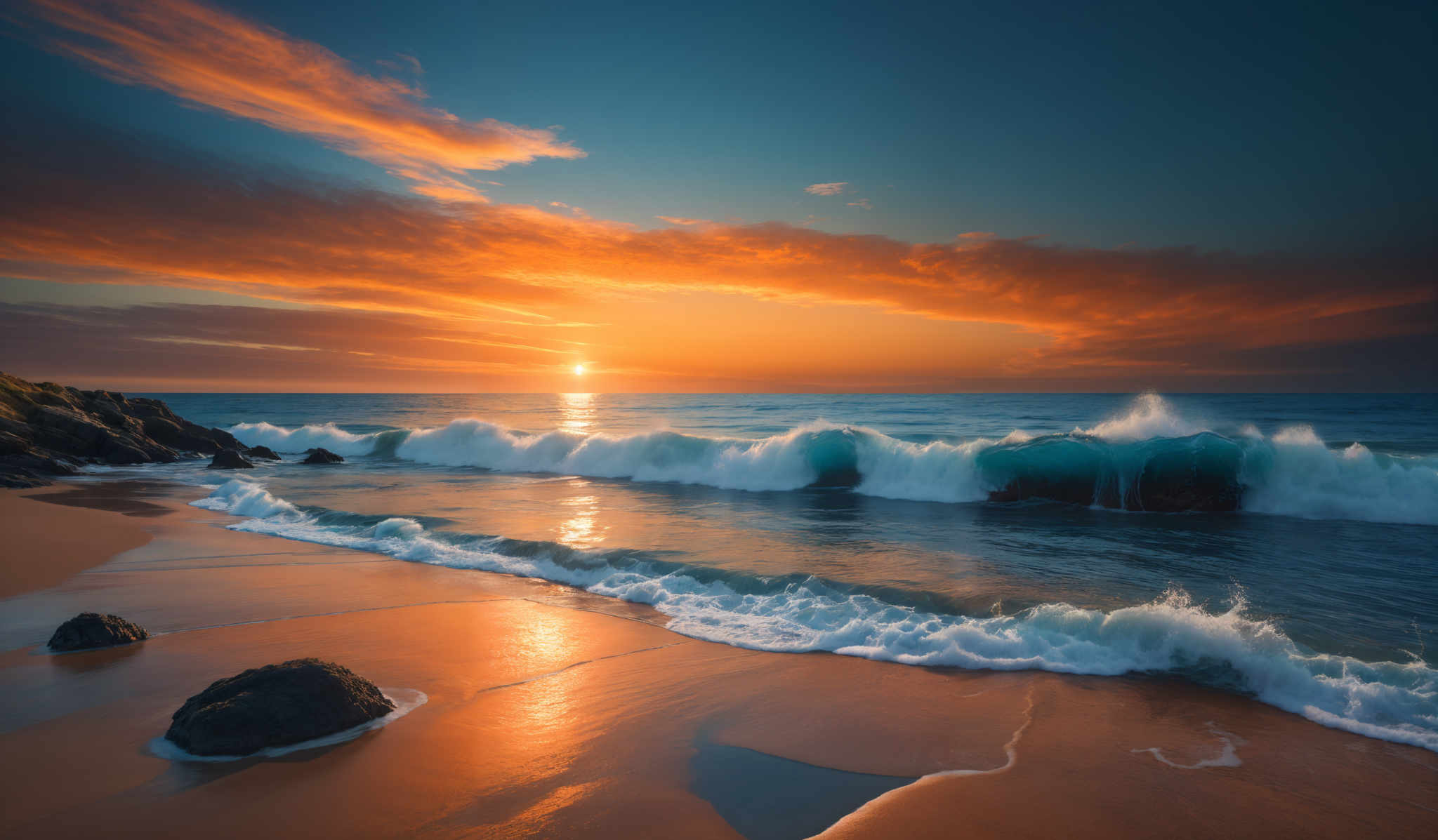 The image showcases a breathtaking sunset over a beach. The sky is painted with hues of orange, gold, and deep blue, with the sun nearing the horizon casting a warm glow. The waves crash onto the shore, producing white foam and spray. The beach is sandy with a few dark rocks scattered around. The reflection of the sunset on the water adds to the overall beauty of the scene.