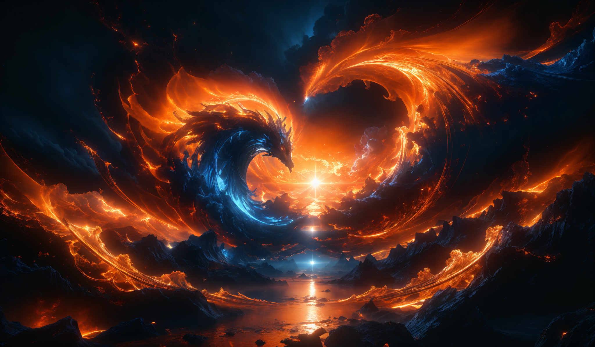 The image showcases a vibrant and intense scene of swirling fiery and icy elements. Dominating the center is a massive, swirled vortex of molten lava and flames, emanating a bright orange-red glow. Surrounding this central vortex are icy, blue formations that appear to be made of ice or crystals, swishing and twisting in the opposite direction. The contrast between the fiery orange and the cold blue creates a dramatic and visually stunning effect. The scene is set against a dark, stormy backdrop with hints of light piercing through, suggesting either a setting or rising sun.