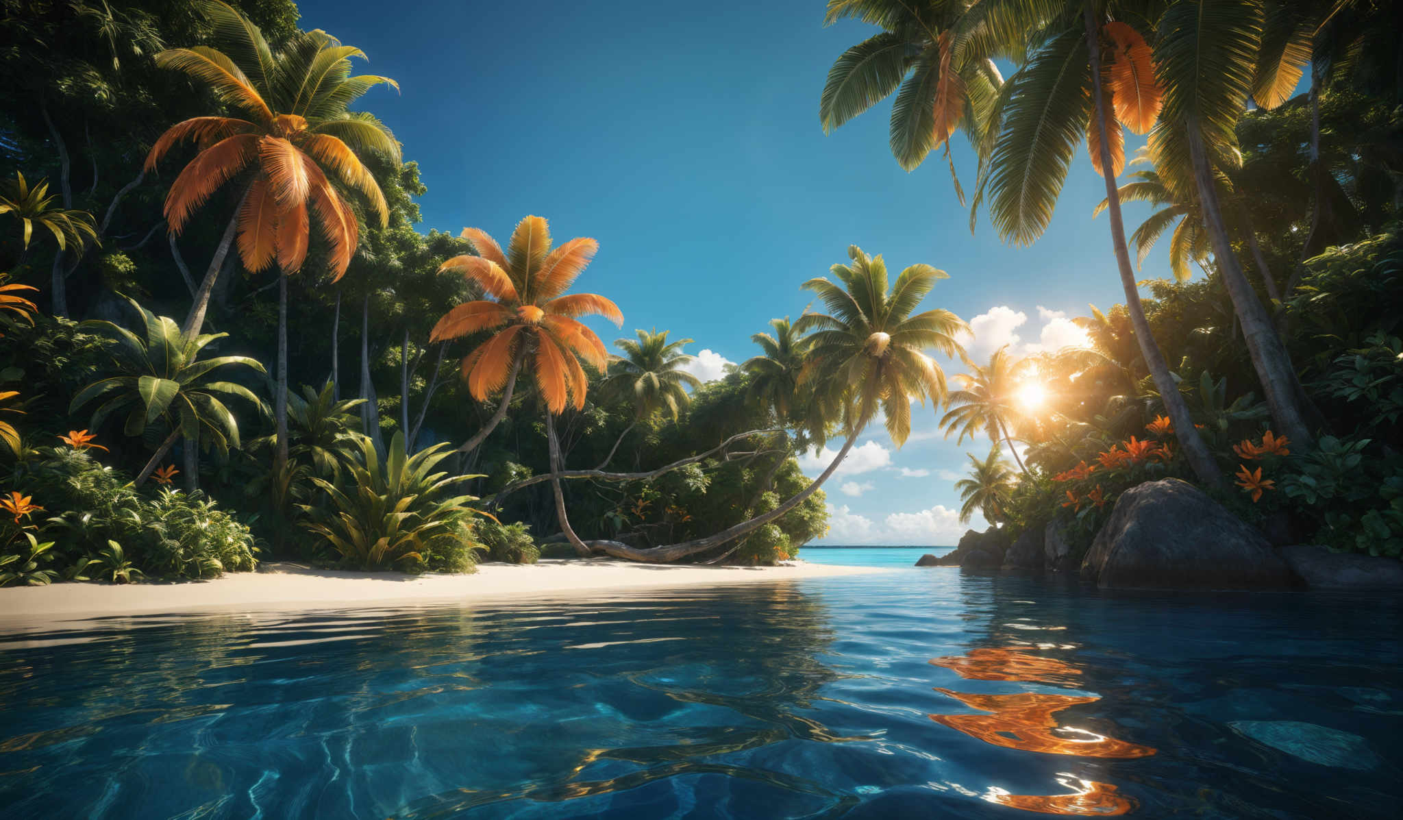 The image showcases a serene tropical beach scene. Dominating the foreground is a calm, clear blue lagoon with ripples reflecting the sunlight. The lagoan is bordered by white sandy shores. Tall palm trees with vibrant orange and green leaves stand majestically, their fronds swaying gently in the breeze. The background reveals a dense tropical forest with a variety of green plants and trees. The sky is clear with a few scattered clouds, and the sun is shining brightly, casting a warm glow over the entire landscape.