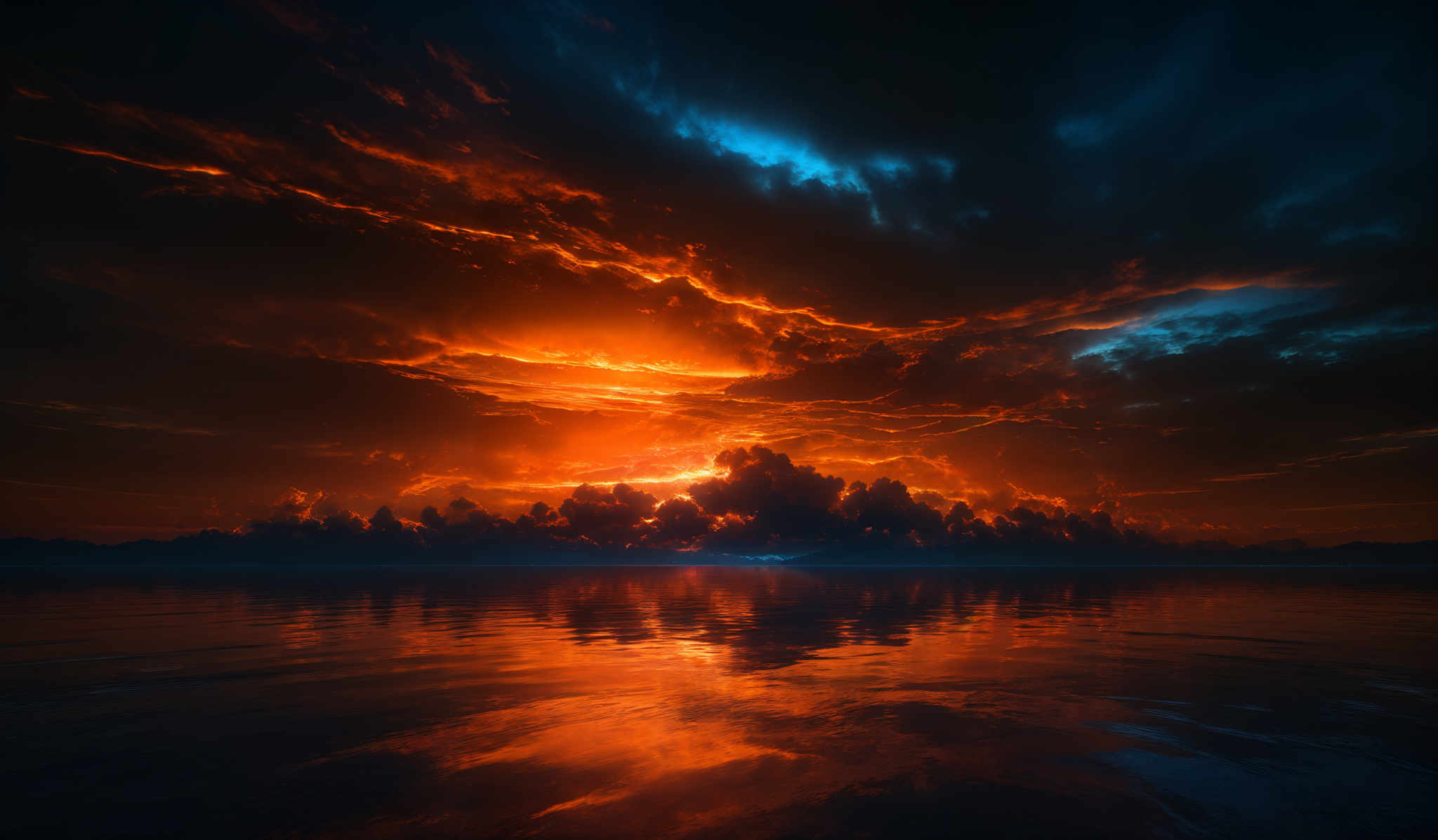 The image showcases a breathtaking sunset over a calm body of water. The sky is painted with a myriad of colors, ranging from deep blues and purples to fiery oranges and reds. Dark, ominous clouds are scattered across the sky, contrasting with the bright hues of the setting sun. The sun itself is a brilliant ball of orange and yellow, casting its glow onto the water below. The water reflects the colors of the sky and the silhouette of the clouds, creating a mirror-like effect.