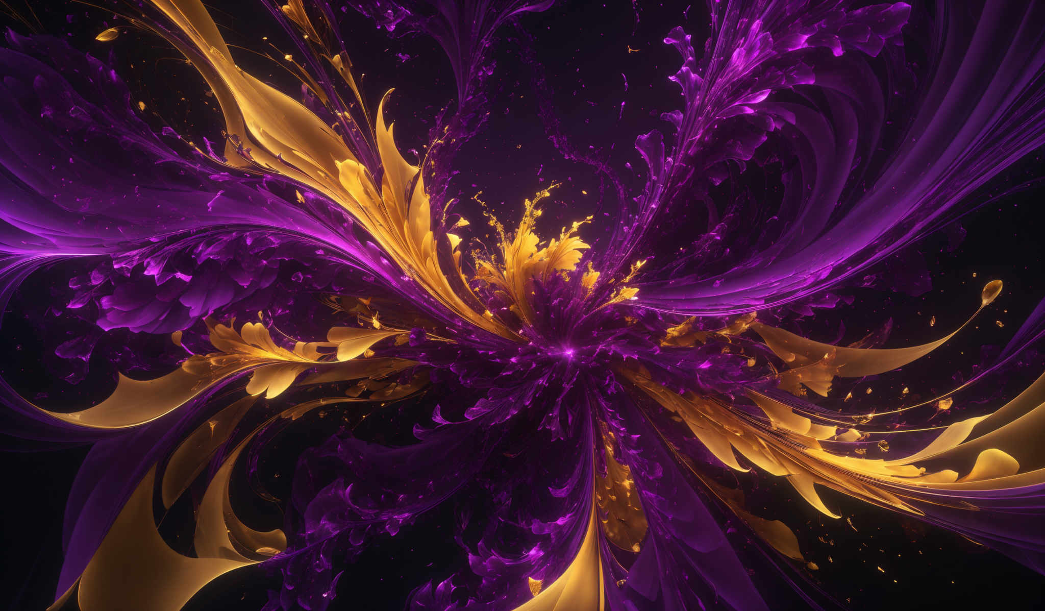 The image showcases a vibrant and intricate pattern of swirling colors. The dominant colors are shades of purple and gold. The swirls are fluid and dynamic, resembling a combination of abstract art and natural elements, such as petals or waves. The gold swirls seem to burst out from the center, emanating outward in a burst of energy, while the purple swirls flow gracefully around them. The background is dark, which accentuates the brightness and vibrancy of the colors.