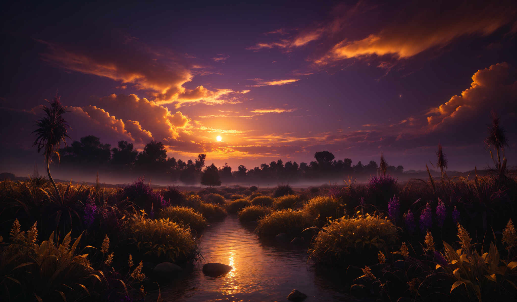 The image showcases a breathtaking landscape during sunset. The sky is painted with hues of purple, orange, and gold, with dramatic clouds illuminated by the setting sun. The sun itself is a bright, golden orb, casting a warm glow over the scene. Below, a serene body of water reflects the colors of the sky. The foreground is adorned with lush vegetation, including tall grasses and vibrant flowers in shades of purples and yellows. There are also some rocks scattered in the water. In the distance, a silhouette of a tree stands tall, and a faint mist can be seen hovering over the water's surface.