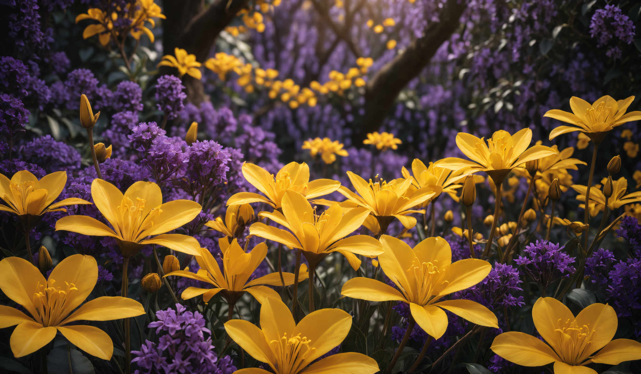 The image showcases a vibrant and colorful garden scene. Dominating the foreground are bright yellow flowers with a petal shape resembling a lily. These flowers have a central stamen and are surrounded by green leaves. Interspersed among the yellow flowers are clusters of purple flowers, which appear to be a type of jasmine or similar flowering plant. The background is a blurred mix of these flowers, creating a dreamy and dense forest-like appearance. The overall color palette is warm, with the yellow and purple contrasting beautifully against the darker green foliage.