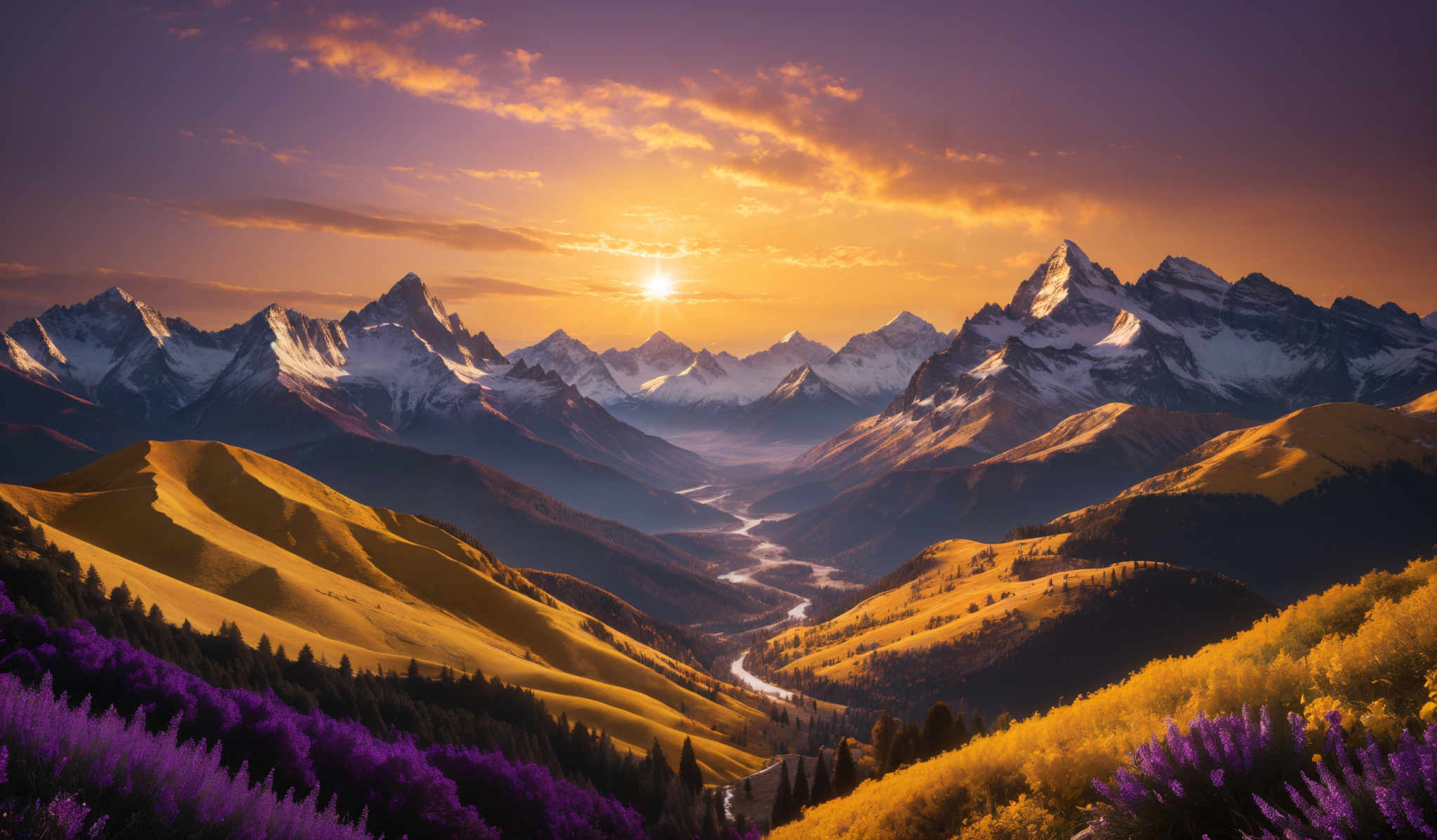 The image showcases a breathtaking landscape during sunset. The sky is painted with hues of orange, pink, and purple, with the sun casting a golden glow over the scene. Majestic snow-capped mountains rise in the background, their peaks sharp and jagged. In the foreground, there are rolling hills covered in vibrant shades of yellow and purples, possibly indicating a change in seasons. A winding river snakes its way through the valley between the hills, reflecting the colors of the sky. The entire scene is a harmonious blend of nature's beauty and colors.