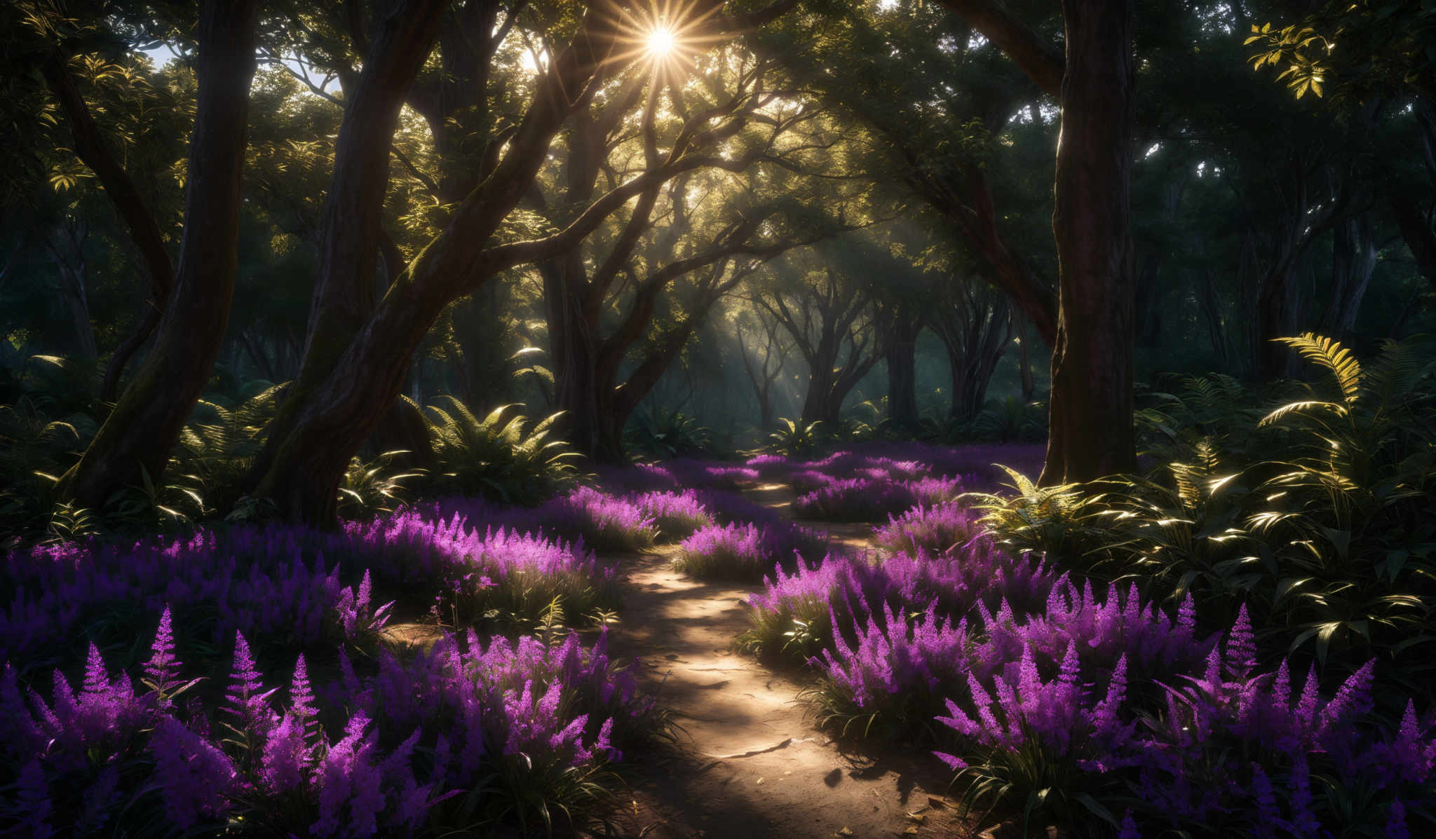 The image showcases a serene forest scene. The dominant colors are shades of green from the trees and foliage, and vibrant purple from the flowers. The trees have a tall and slender shape, with their trunks and branches intertwining to form a canopy overhead. Sunlight filters through the trees, casting a warm glow and creating a play of shadows on the forest floor. The ground is covered with a carpet of purple flowers, leading a pathway through the forest. The pathway is made of a dirt or gravel material and is slightly worn, suggesting frequent use.