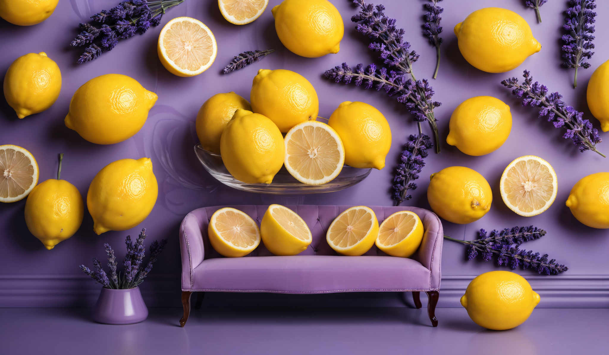 The image showcases a vibrant scene dominated by the color yellow. There are multiple lemons, both whole and sliced, arranged in a pattern against a purple background. Some of the lemons are placed on the floor, while others are affixed to the wall. The sliceds are arranged in the center of the image, forming a semi-circle. Additionally, there are sprigs of lavender interspersed among the lemones, adding a touch of purple to the scene. In the foreground, there's a lavender-colored sofa with lemon slices as cushions. A vase with lavender stems is placed beside the sofa.