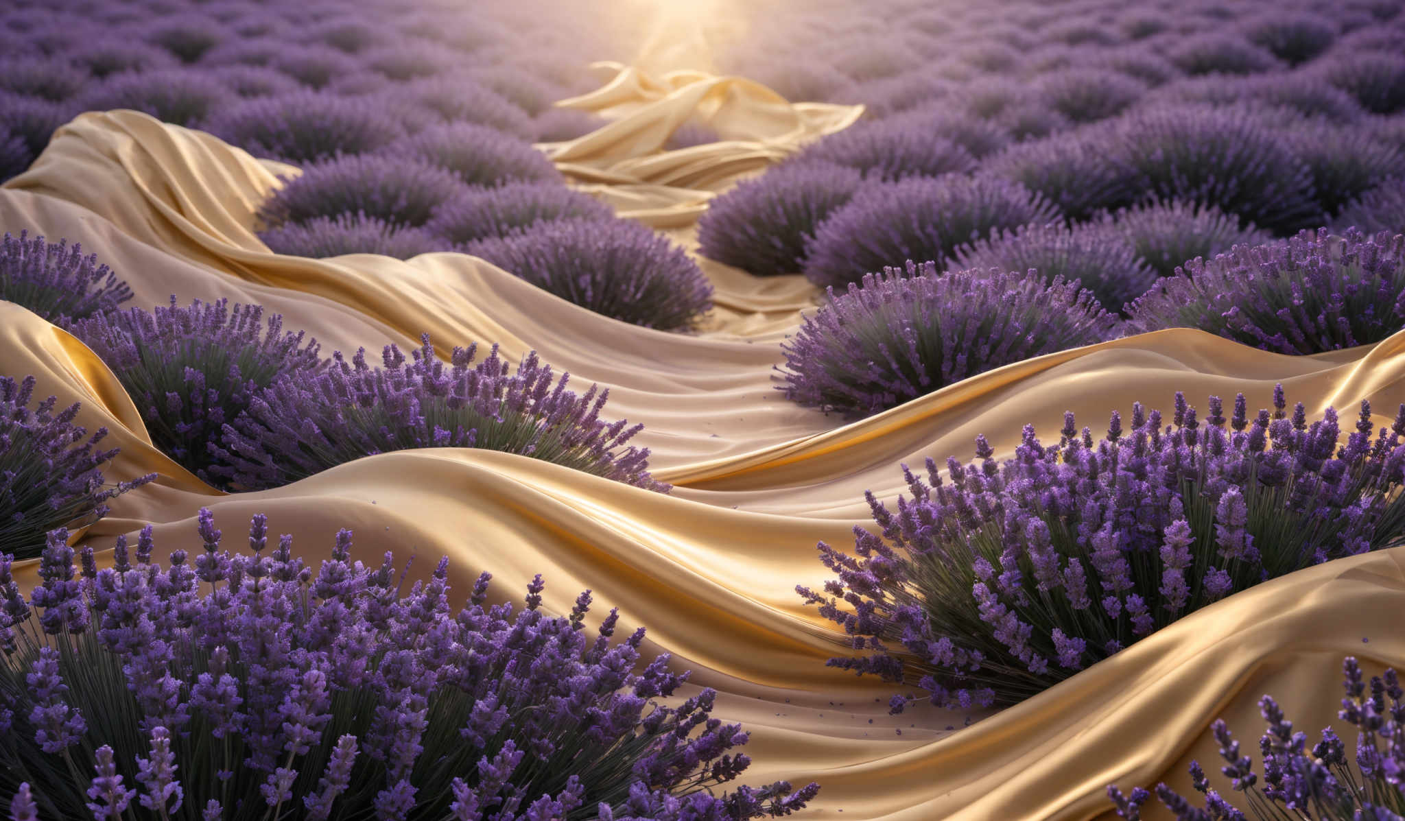 The image showcases a vast field of lavender with its characteristic purple blooms. The lavender is densely packed, creating a sea of purple. Interspersed among the lavender are golden-yellow fabric swirls, which seem to be flowing or draped over the landscape. The fabric has a smooth texture and reflects the sunlight, creating shimmering patterns on the field. The overall scene is serene, with the sun casting a warm glow over the entire landscape.