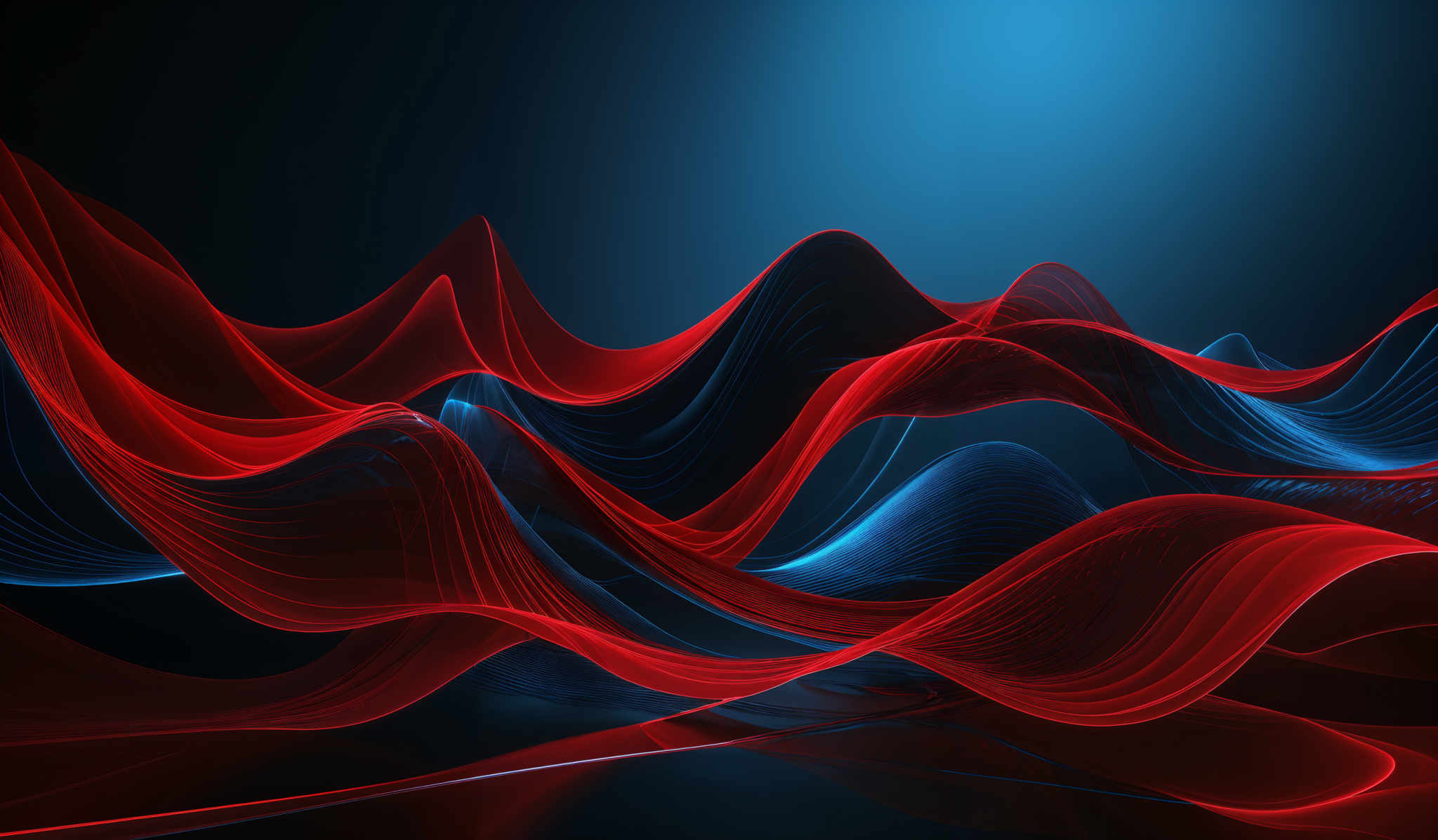 The image showcases a vibrant and dynamic interplay of colors and shapes. Dominating the visual space are flowing, wavy lines in hues of red and blue. These lines intertwine and overlap, creating a sense of movement and depth. The background is a deep blue, which accentuates the brightness of the red and provides a stark contrast, making the colors pop. The overall composition gives an impression of a digital or abstract art piece, possibly representing data flow, energy, or even sound waves.